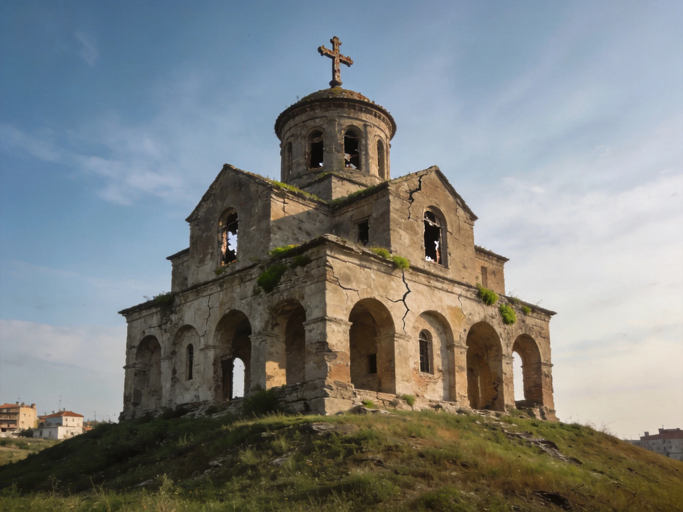 Ancient stone church ruin with cross atop grassy hill
