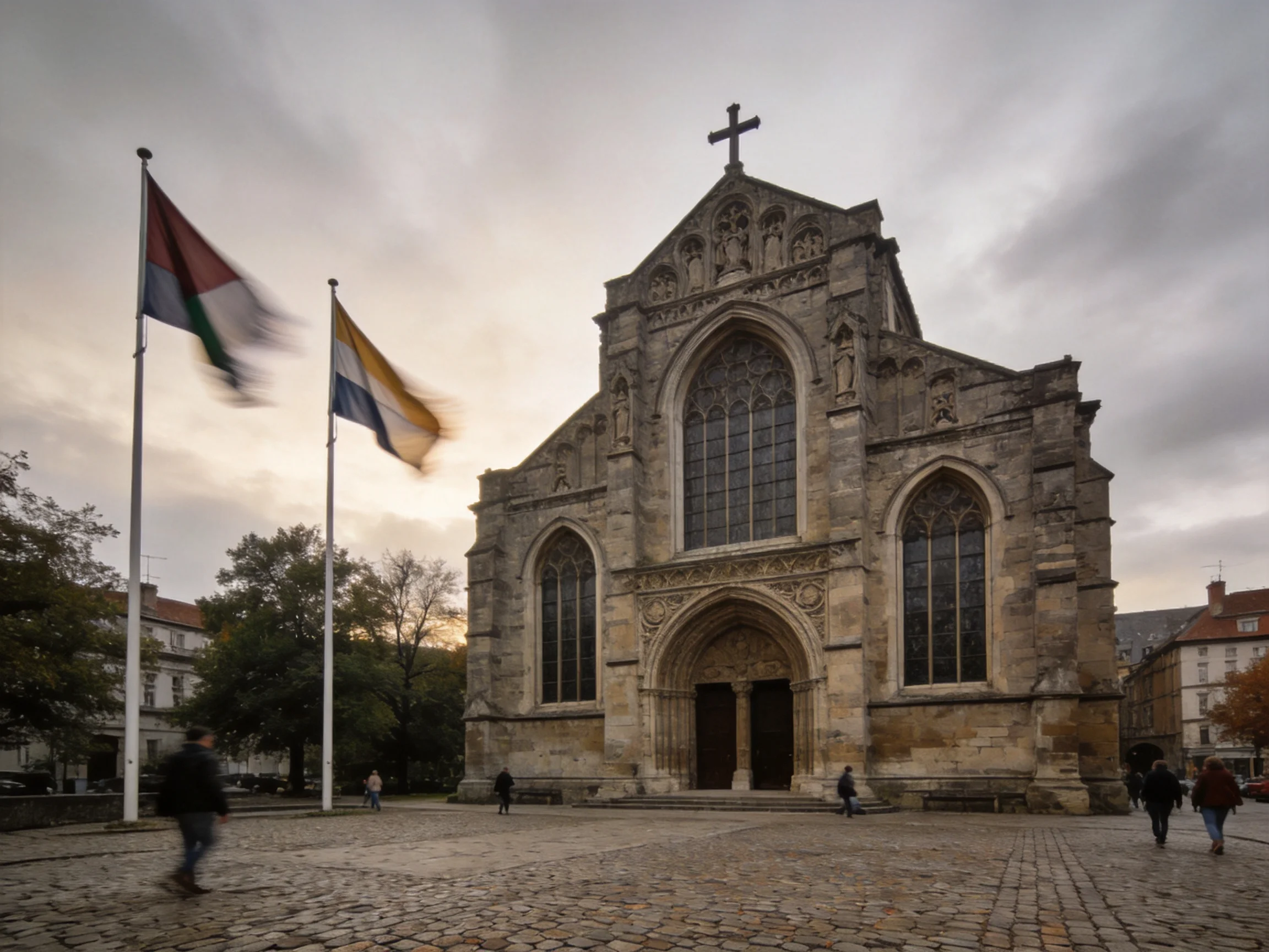 Ancient stone church with colorful flags near cobblestone plaza