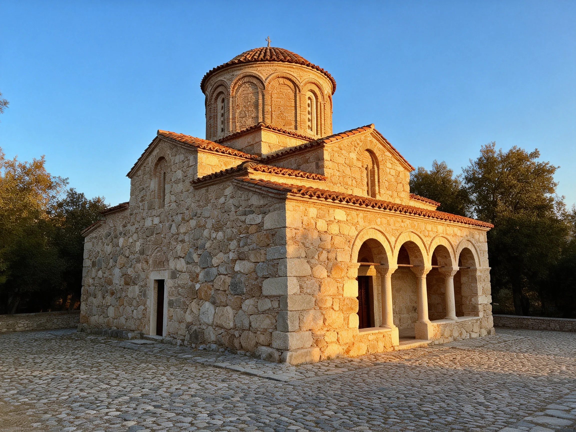 Ancient stone church with domed tower and arched colonnade
