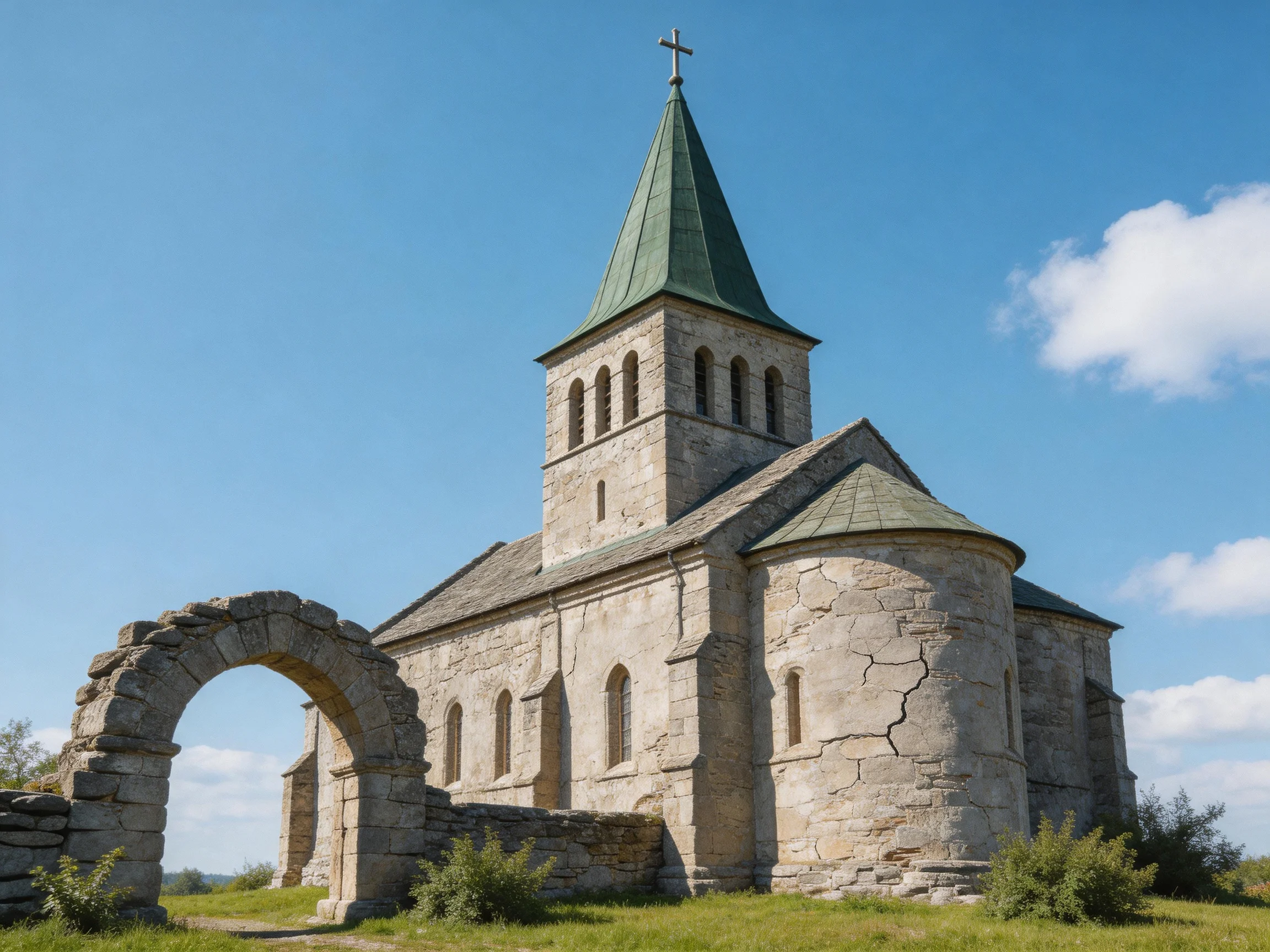 Ancient stone church with green spire and arch ruins