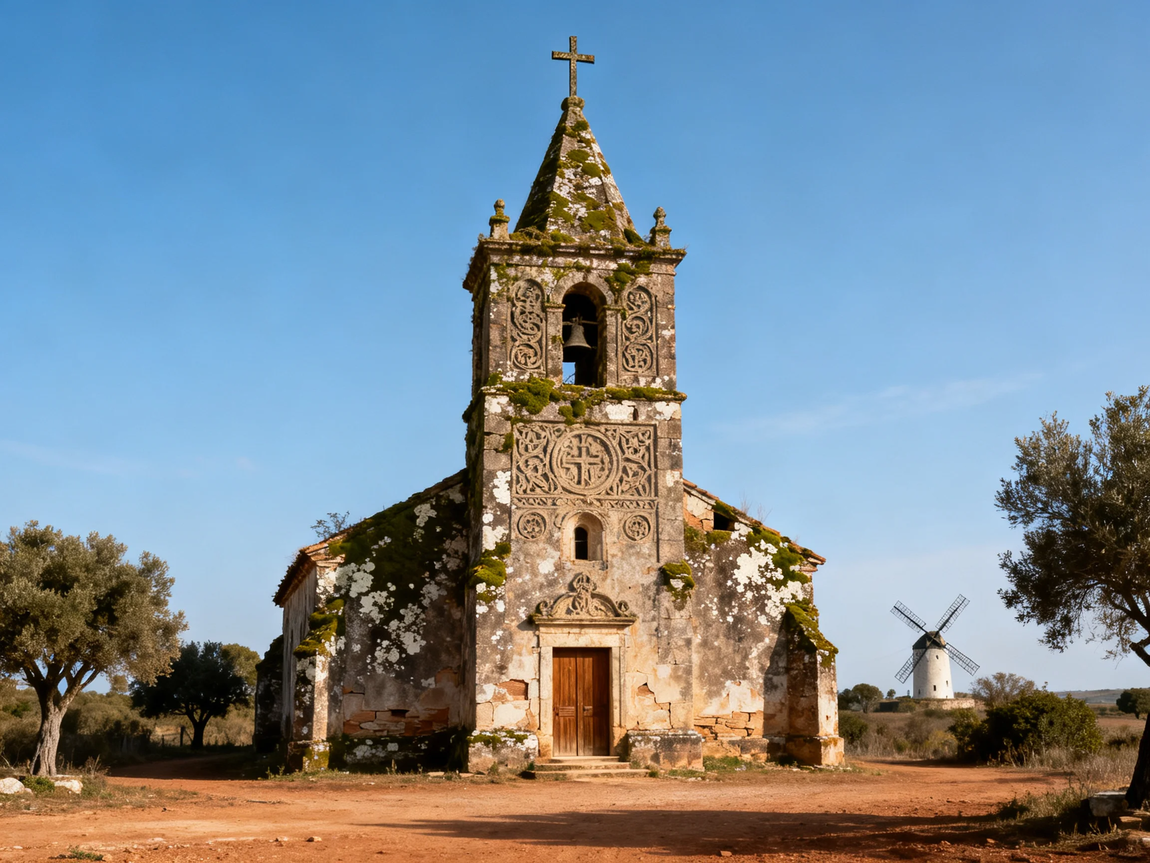 Ancient stone church with moss, near a white windmill under clear blue sky