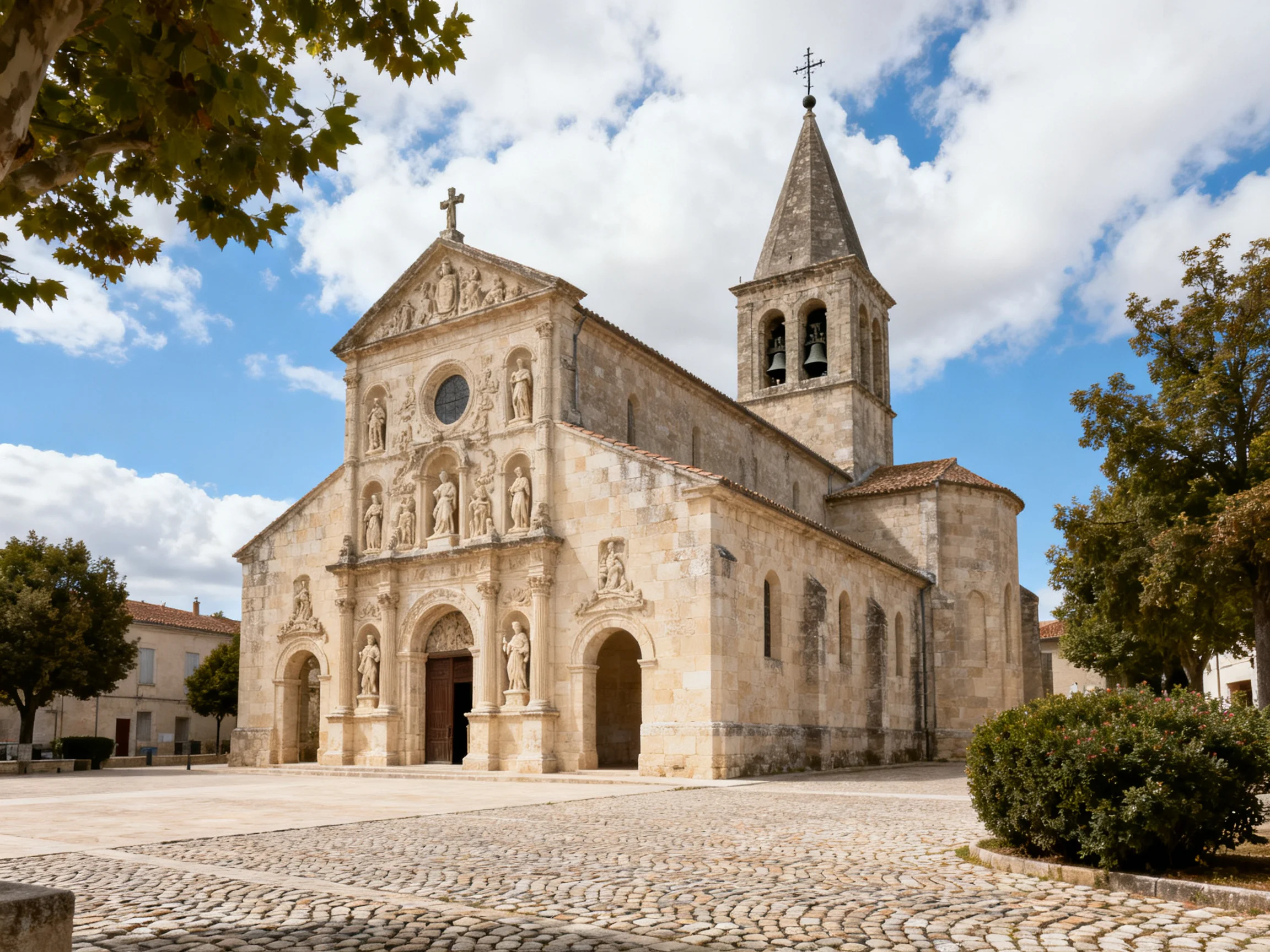 Ancient stone church with ornate facade and bell tower