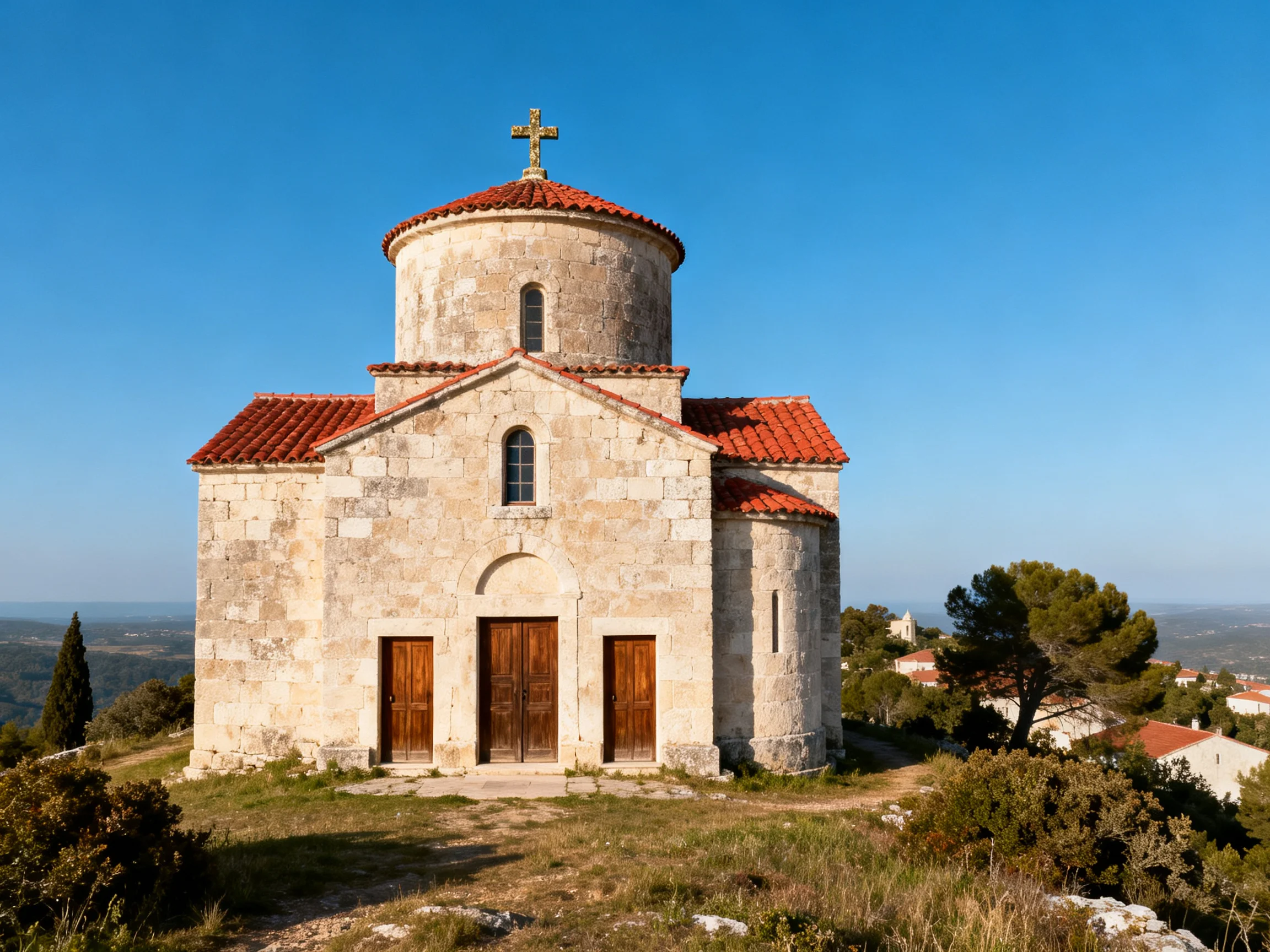 Ancient stone church with red roofs atop a hill