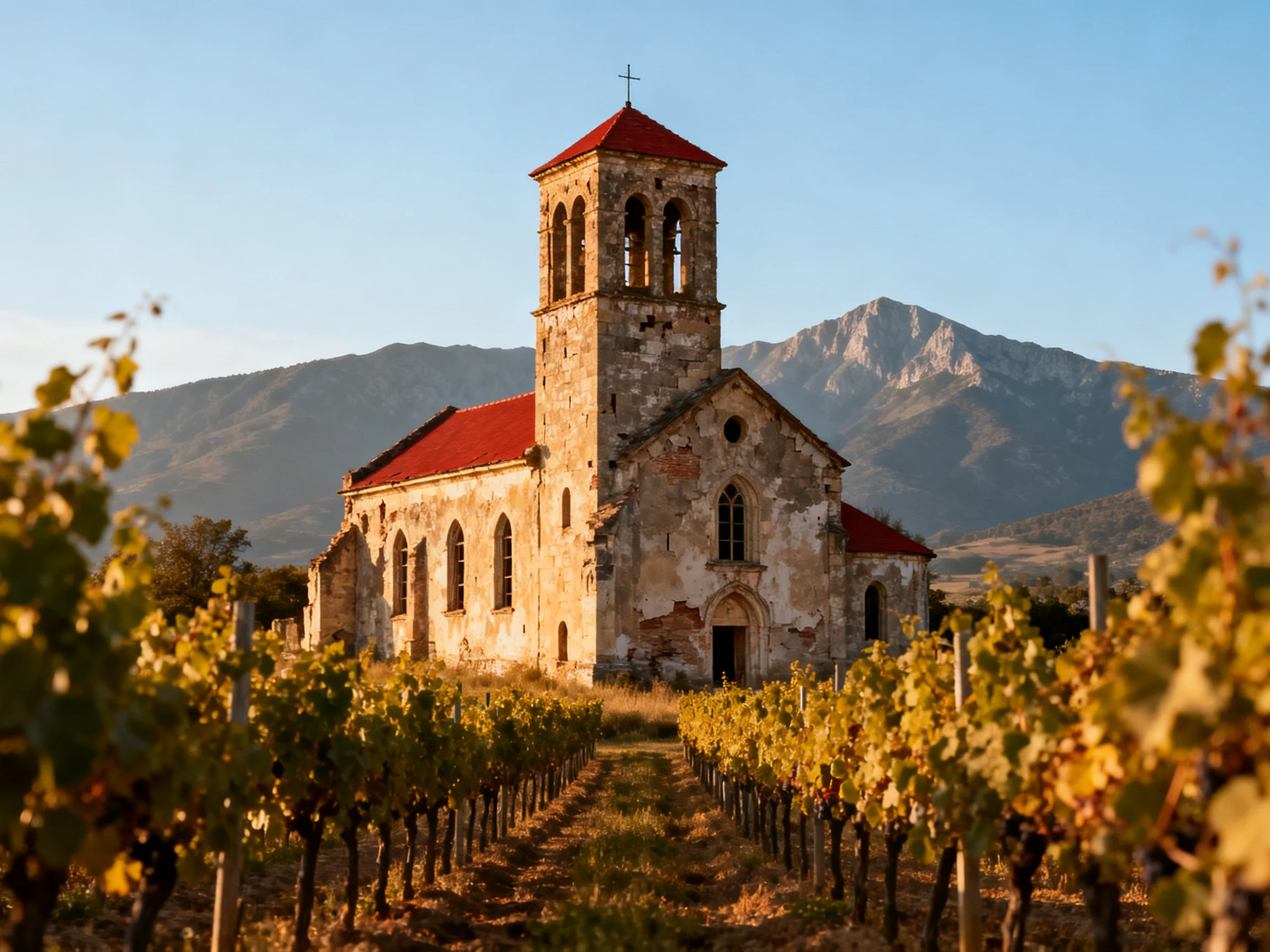 Ancient stone church with red roofs near vineyards and mountains