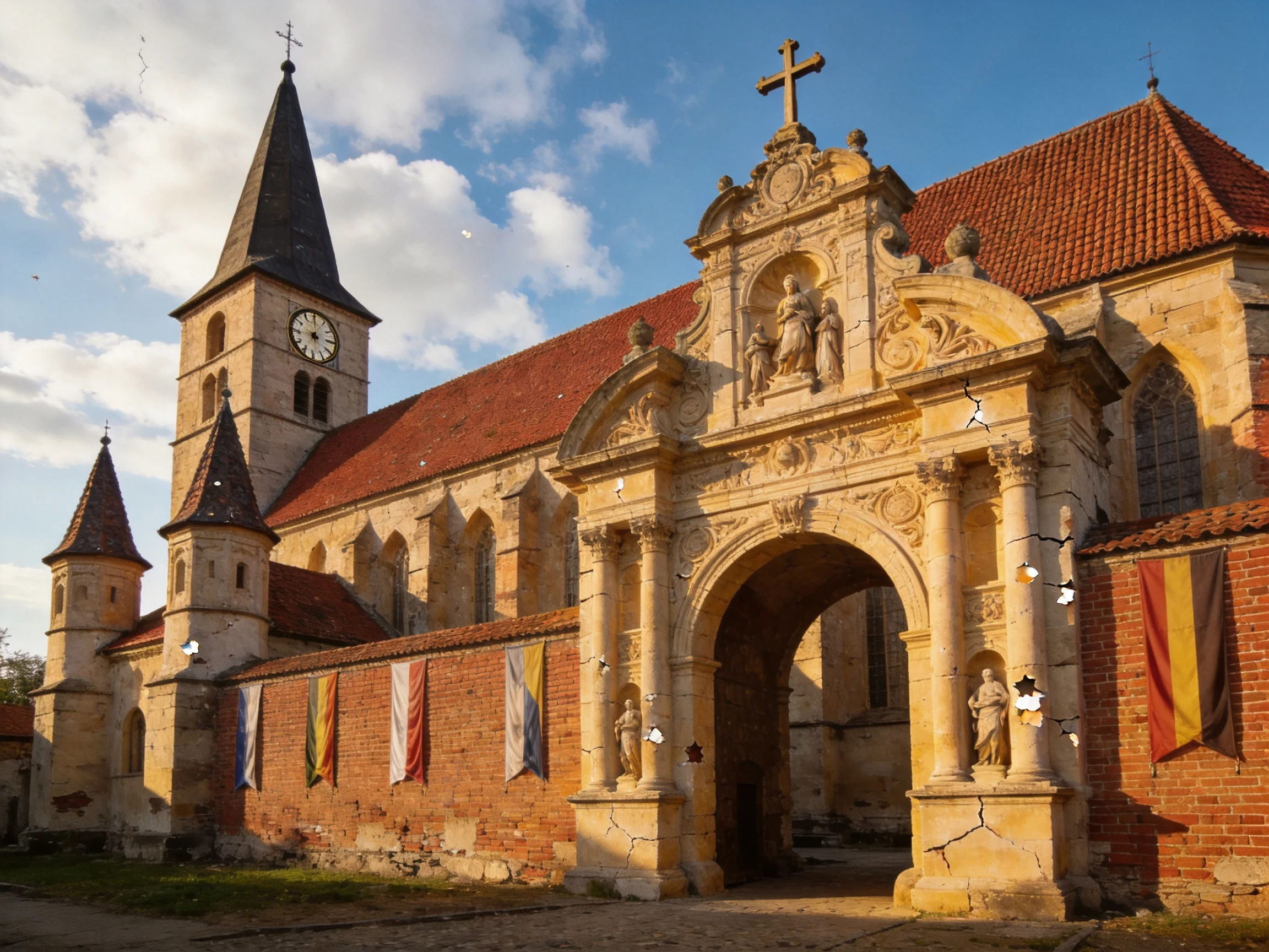 Ancient stone church with red-tiled roofs and ornate entrance