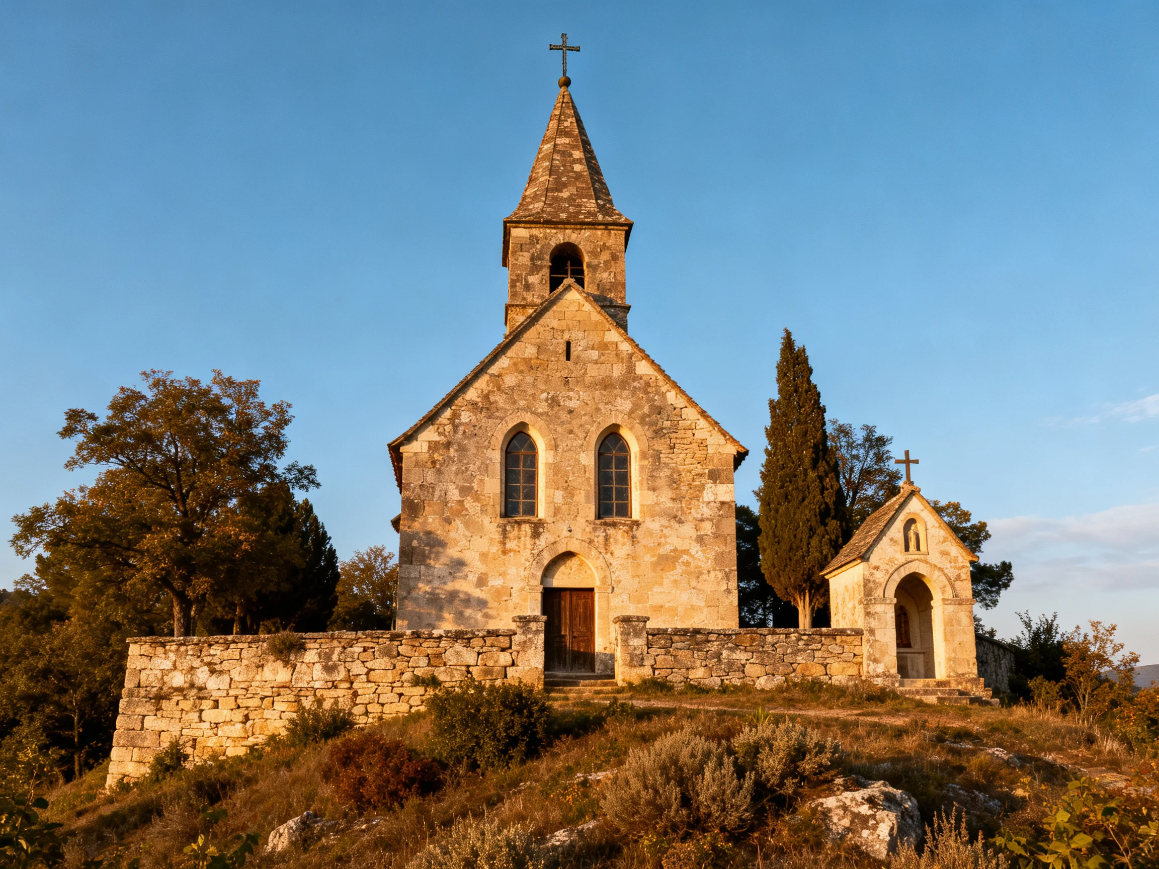 Ancient stone church with tall bell tower and side chapel