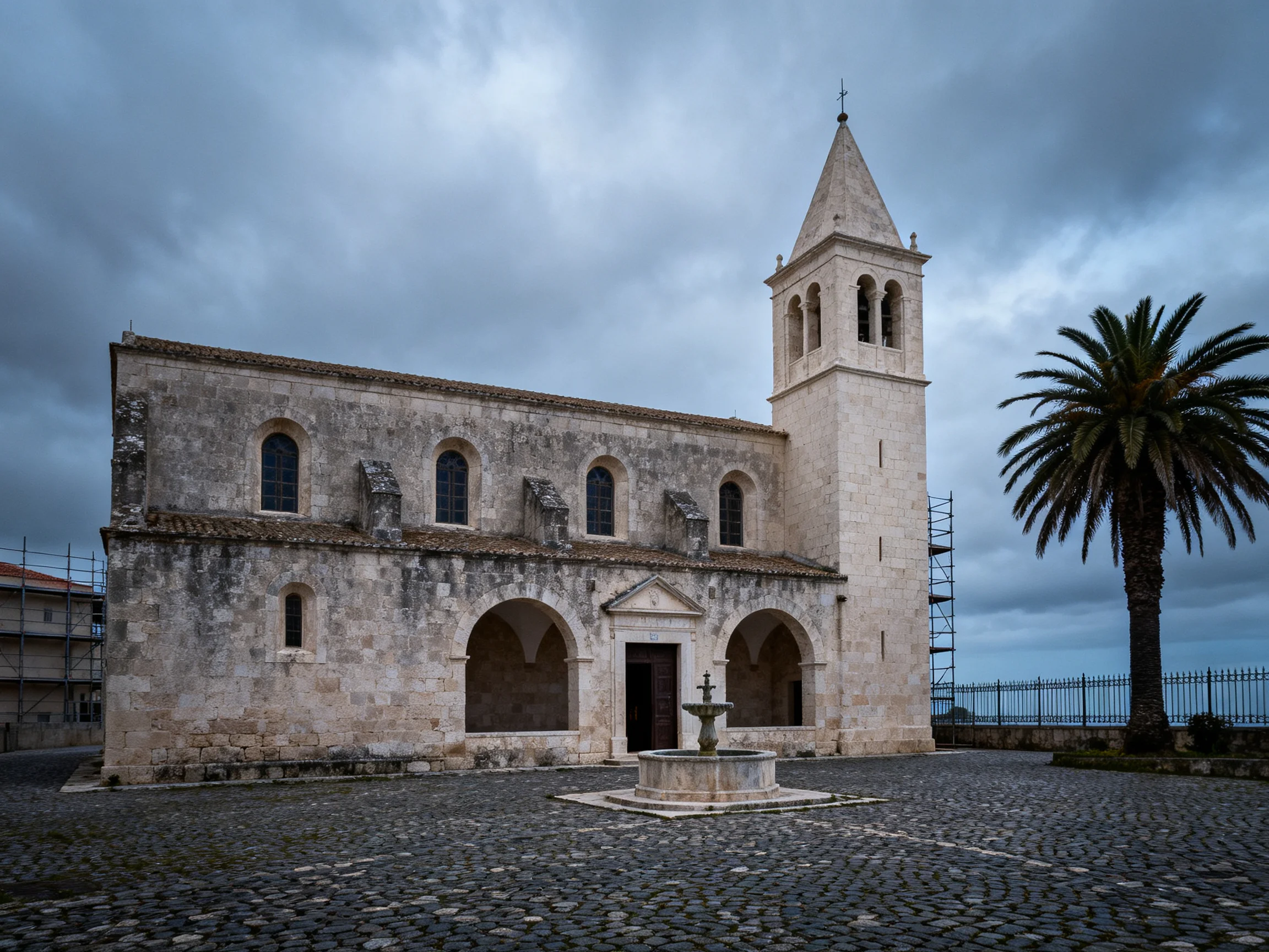 Ancient stone church with tall bell tower near palm tree