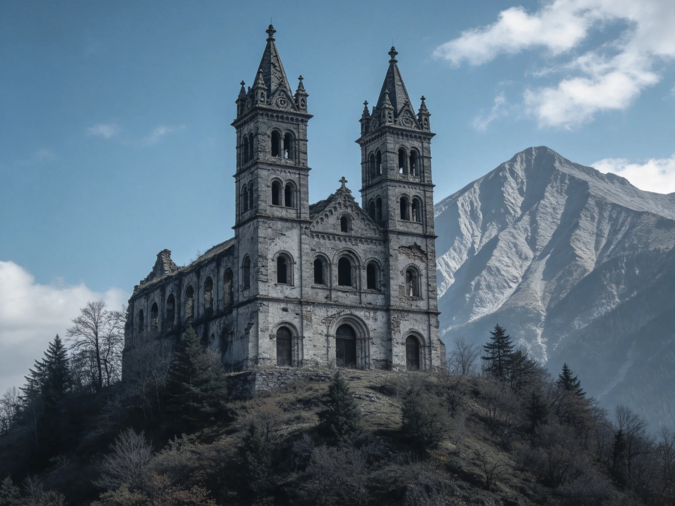 Ancient stone church with twin towers atop a hill near mountains