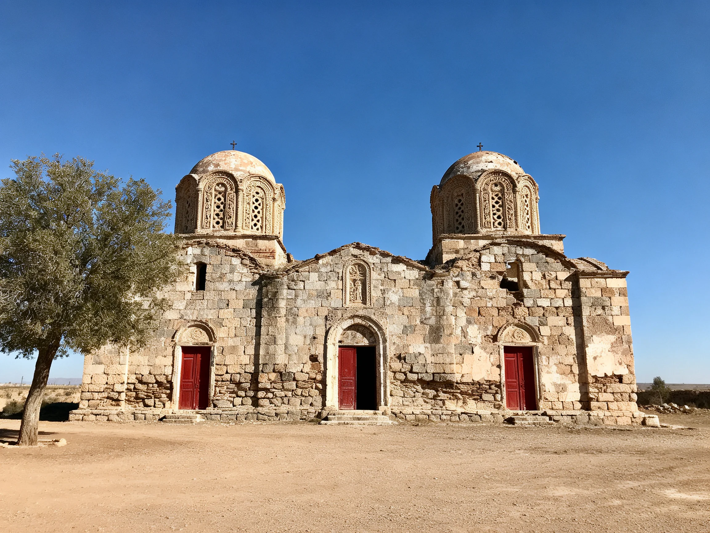 Ancient stone church with two domes and red doors under clear blue sky