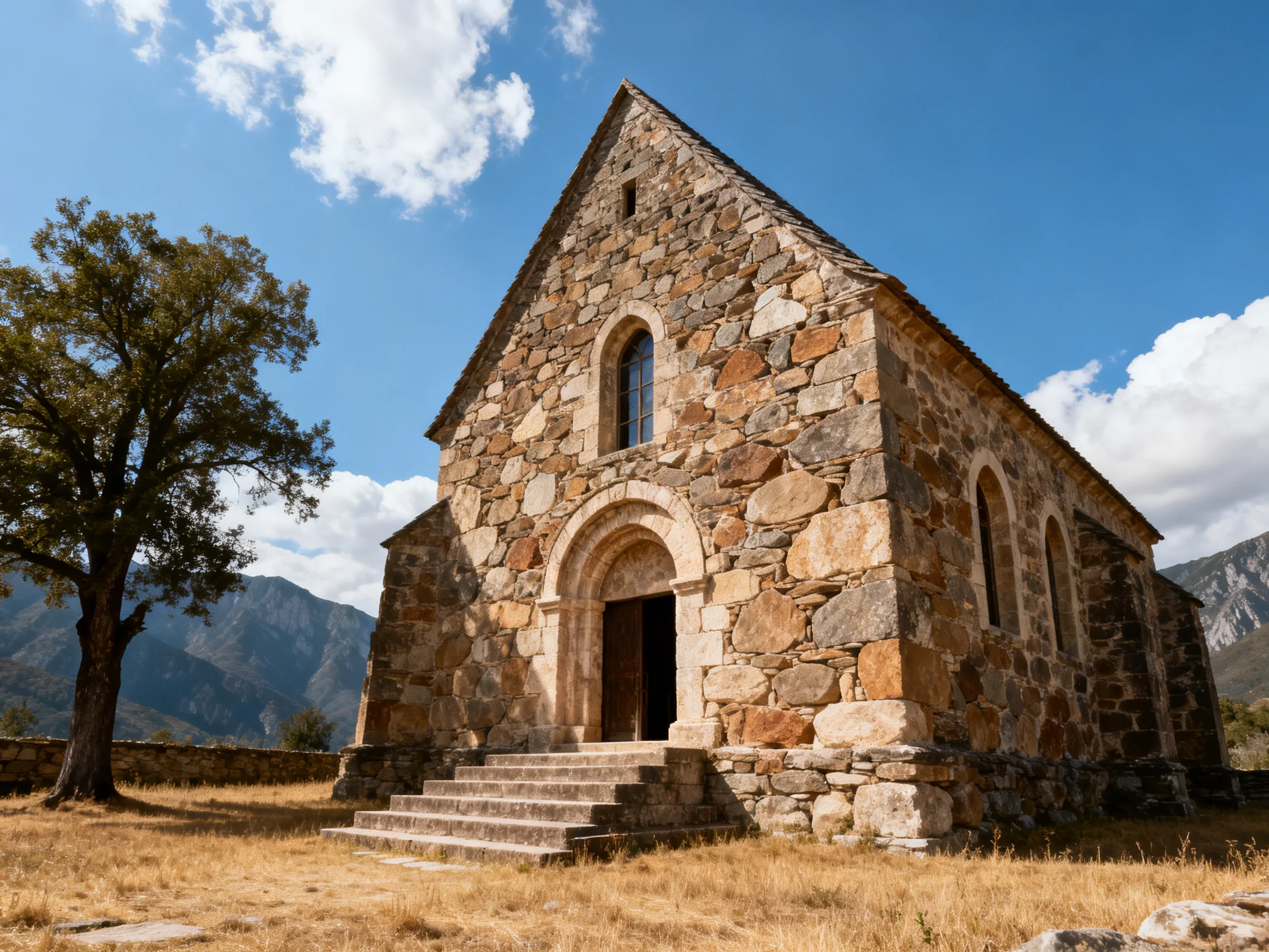Ancient stone church with varied stone walls near mountains