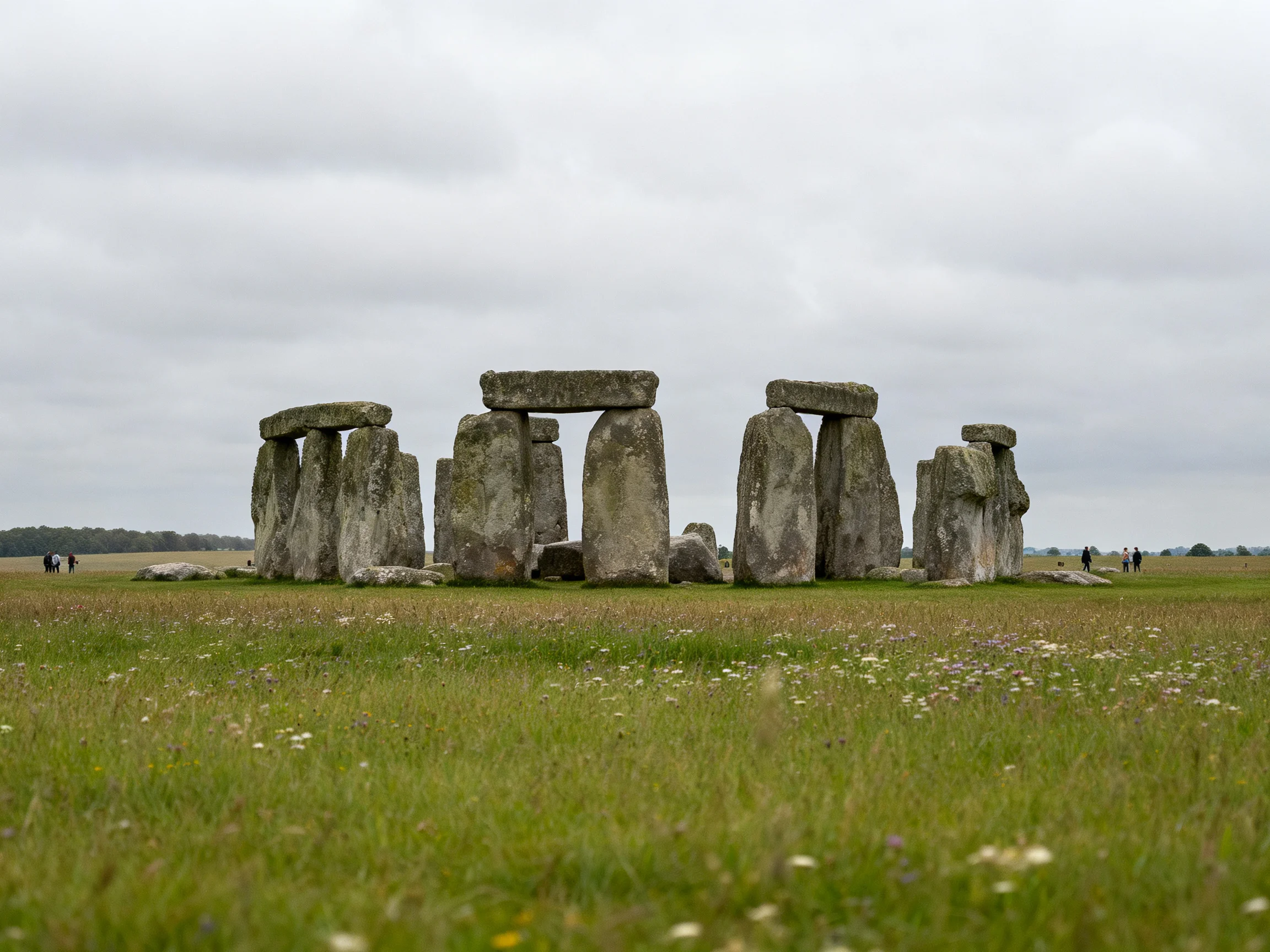 Ancient stone circle amid green meadow under overcast sky
