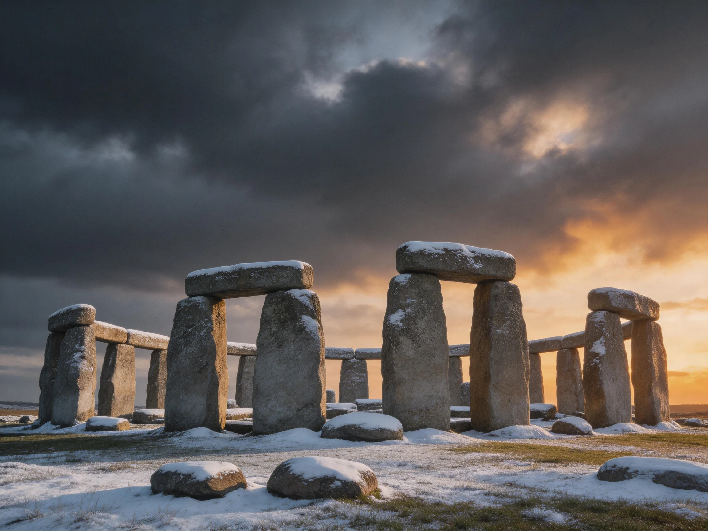 Ancient stone circle blanketed in snow under dramatic cloudy sunset