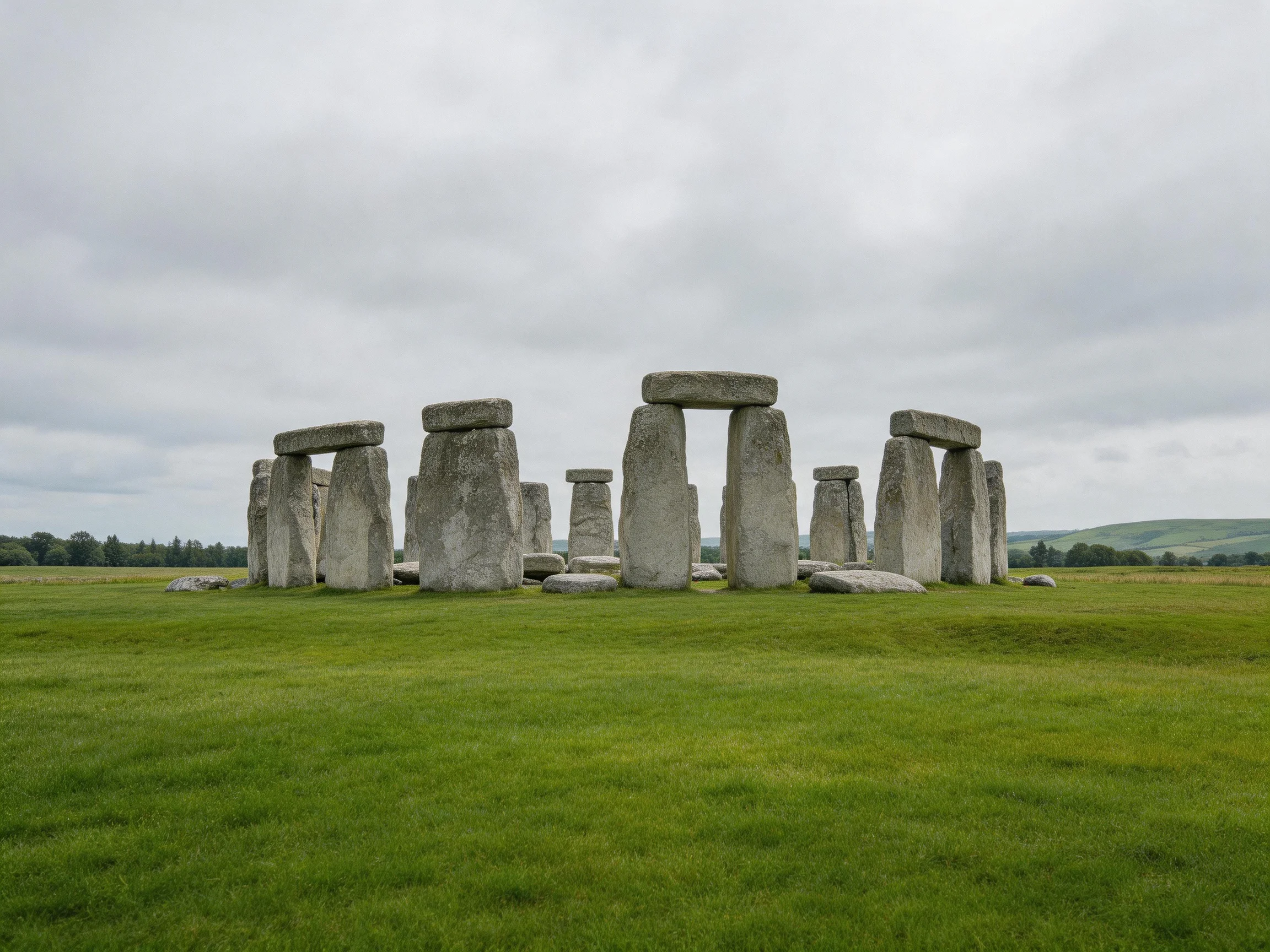 Ancient stone circle of massive gray stones on lush green field