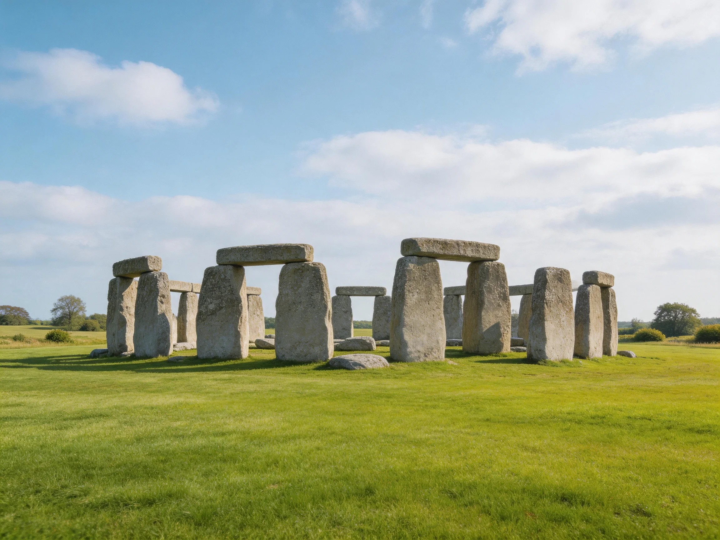 Ancient stone circle with large gray stones on green field
