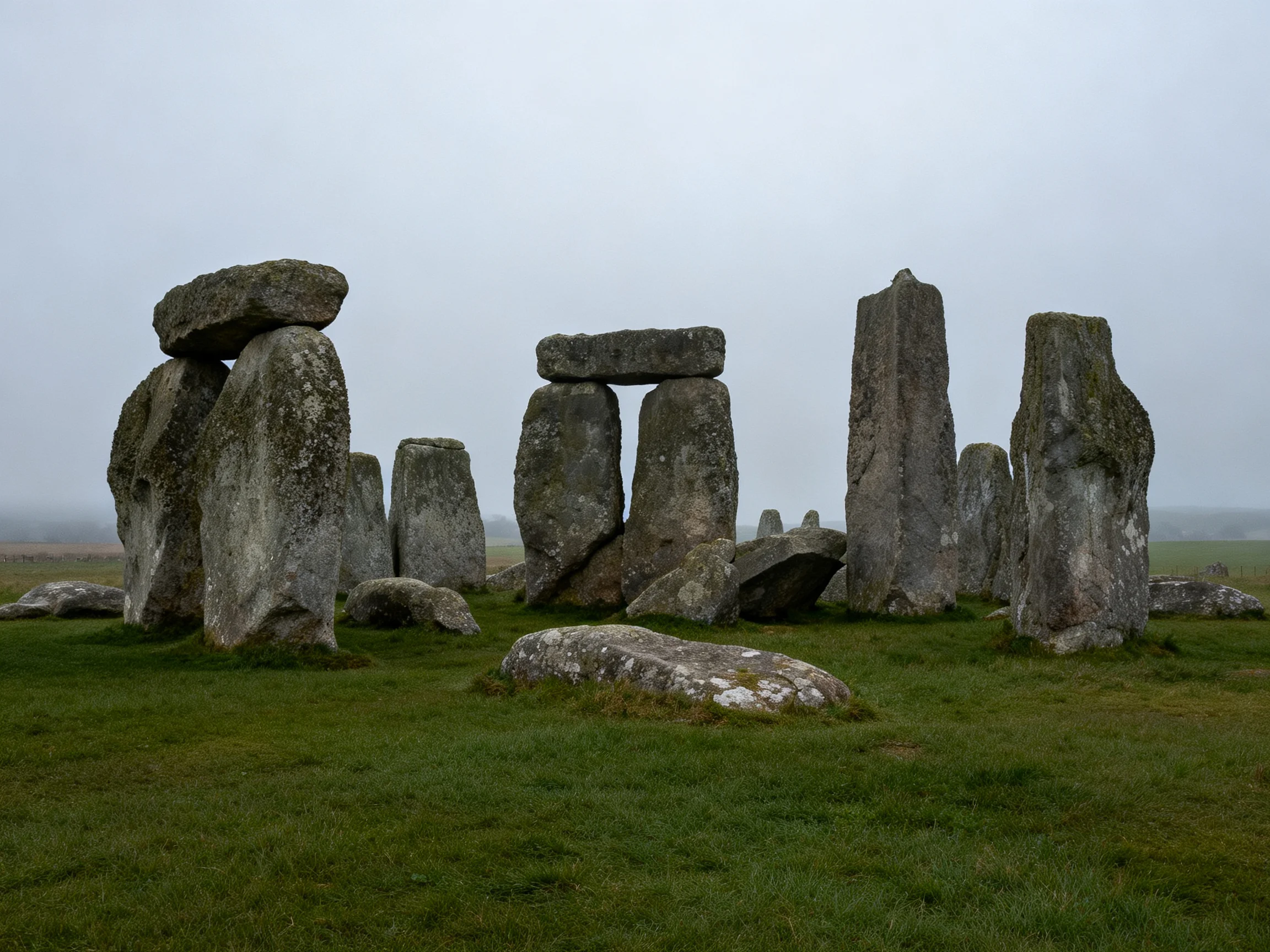 Ancient stone circle with large monoliths in misty field