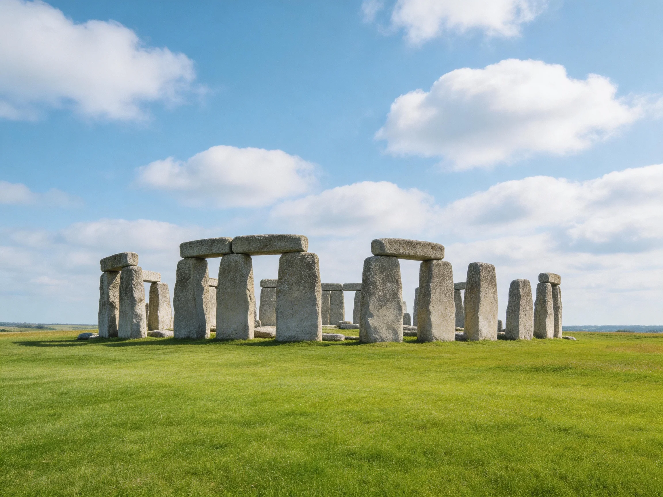 Ancient stone circle with massive gray stones on green field