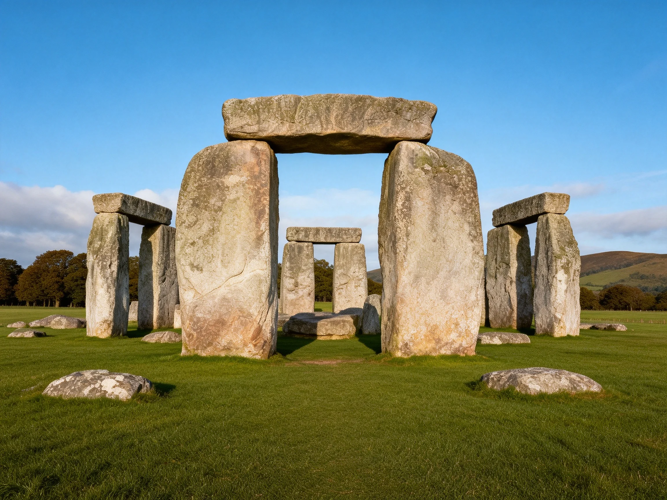 Ancient stone circle with massive gray stones on green grass