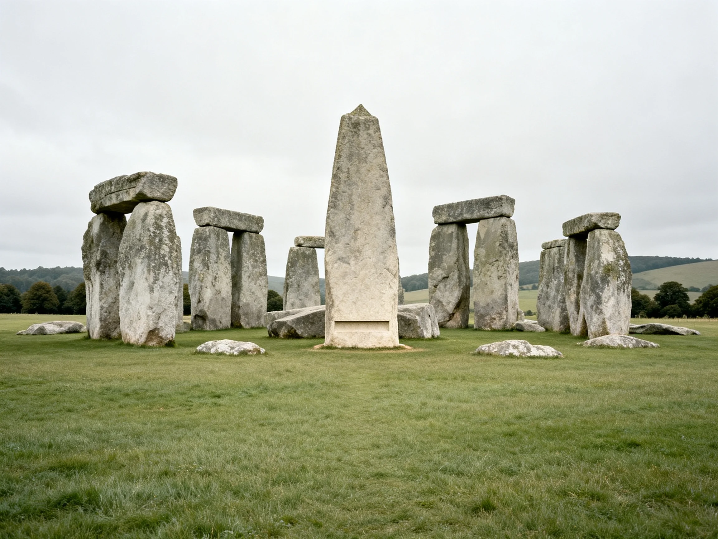 Ancient stone circle with massive gray stones on green grassland