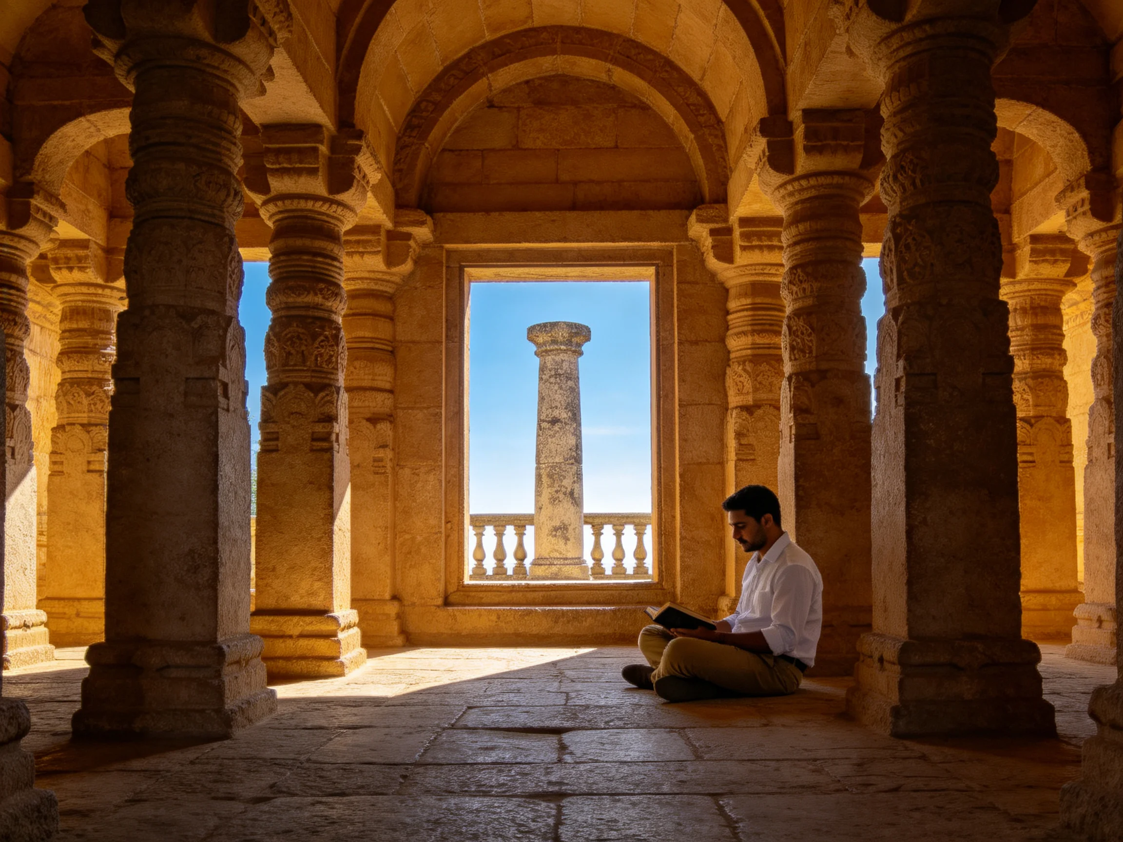 Ancient stone colonnade with tall columns and man reading