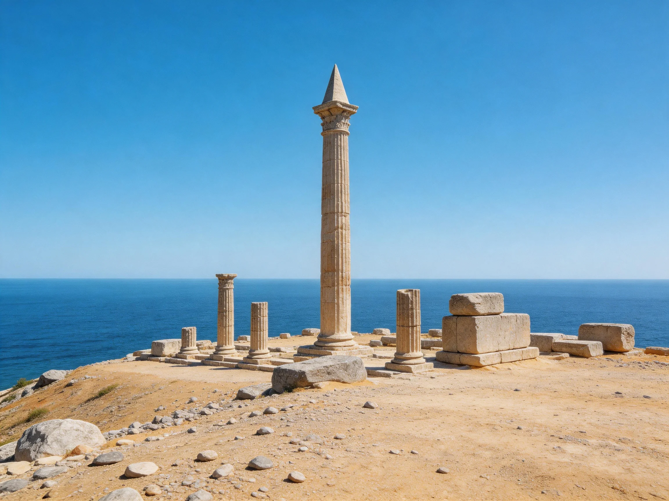 Ancient stone column ruins overlooking deep blue ocean horizon