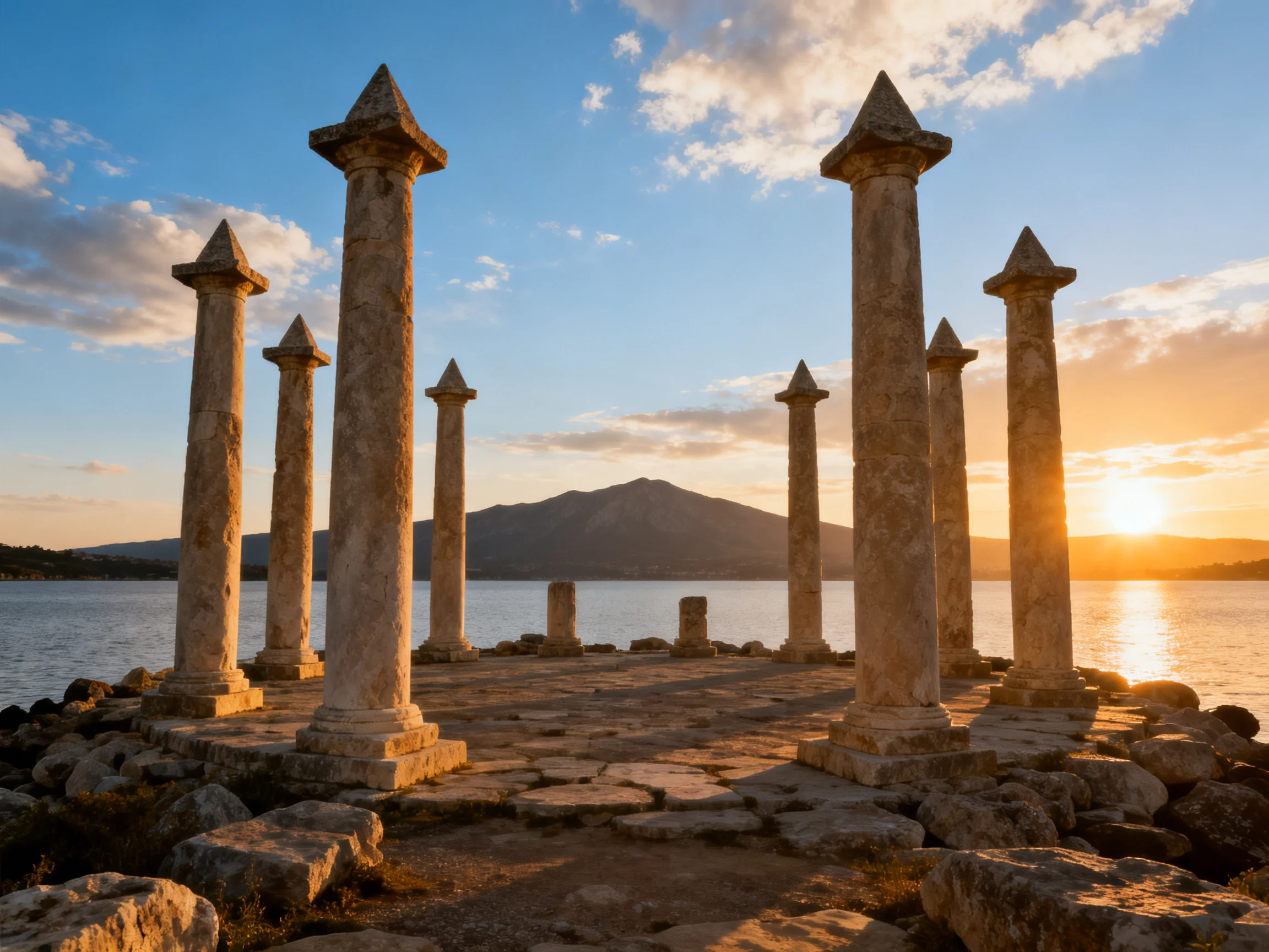 Ancient stone columns by a serene lake with mountain and sunset backdrop