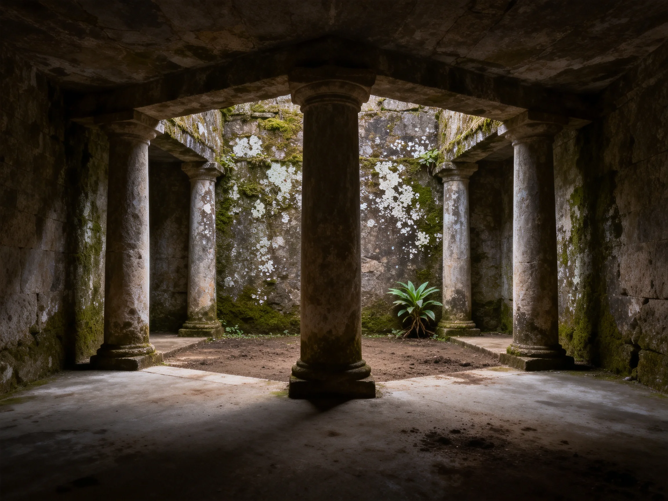 Ancient stone columns in a moss-covered ruined temple interior