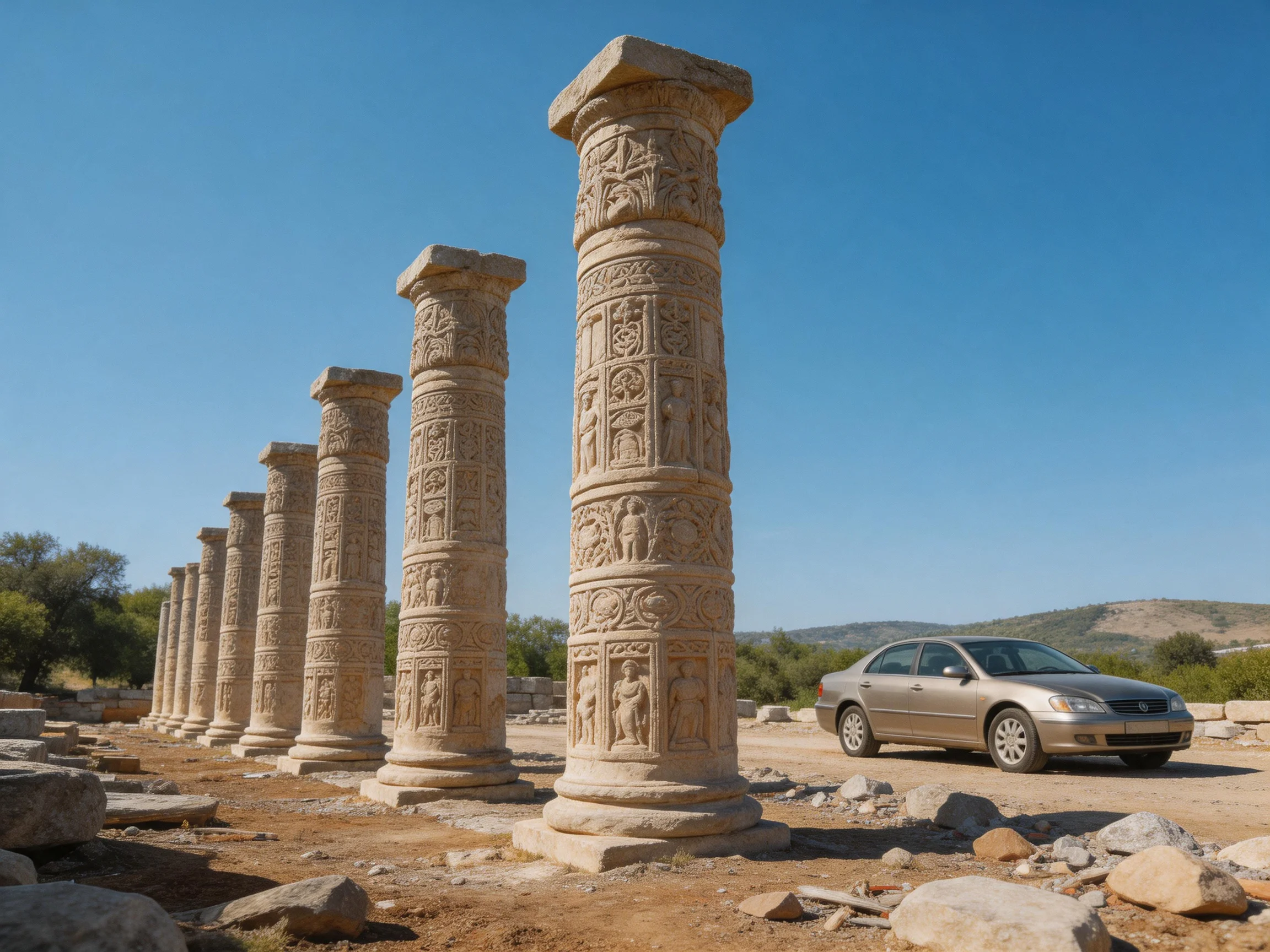 Ancient stone columns lined up near a silver car in an archaeological site