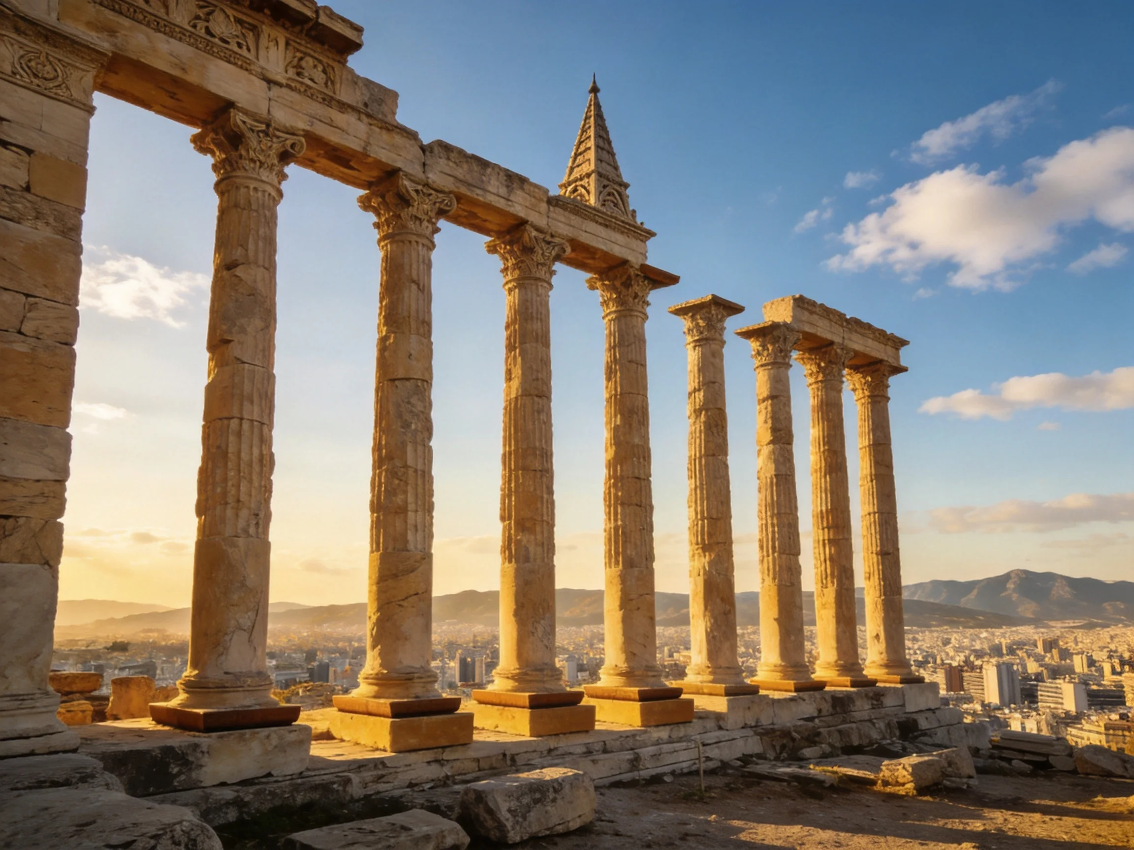 Ancient stone columns stand tall amid a modern city and mountainous horizon