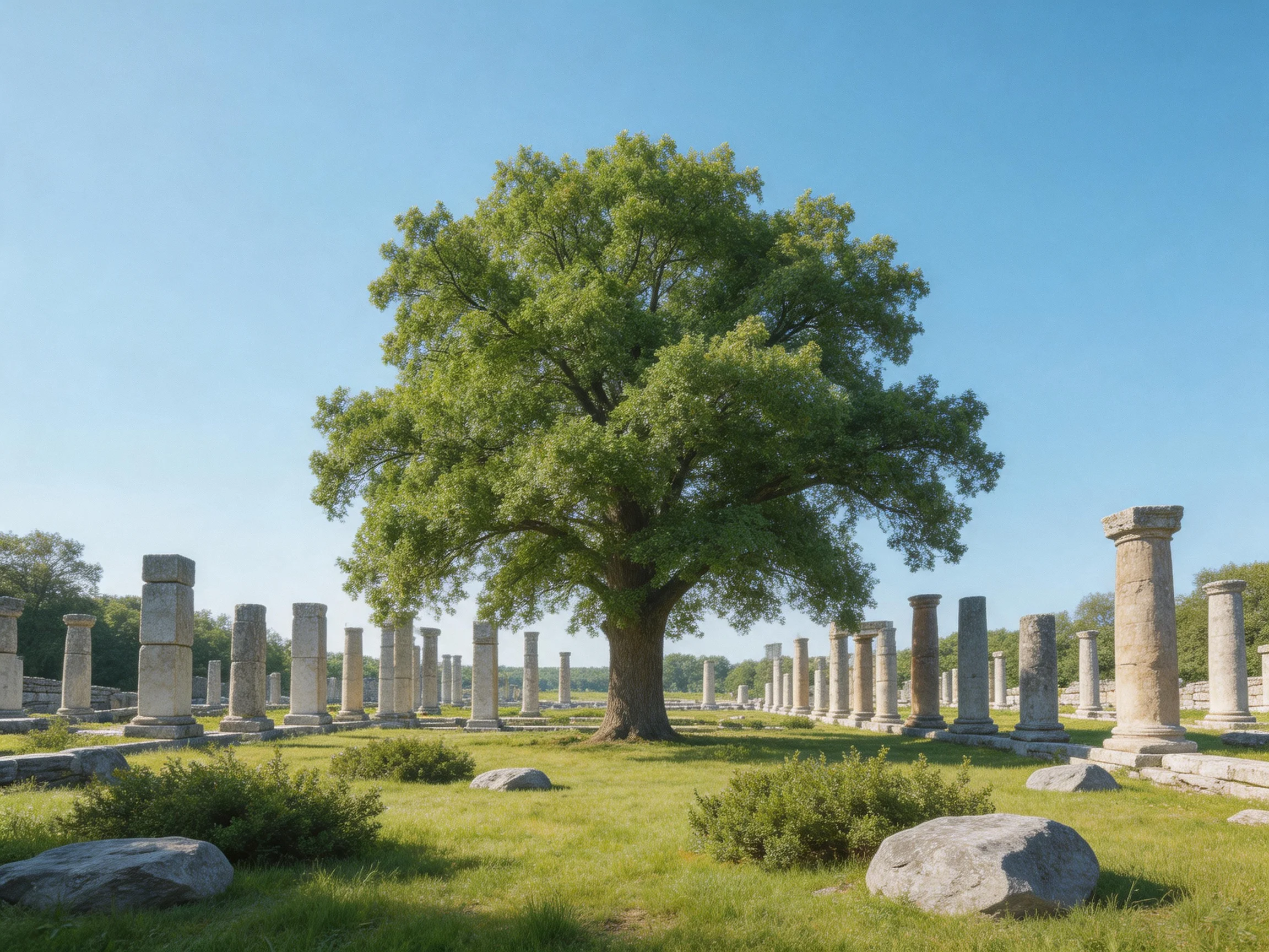 Ancient stone columns surround a large green oak tree under clear blue sky