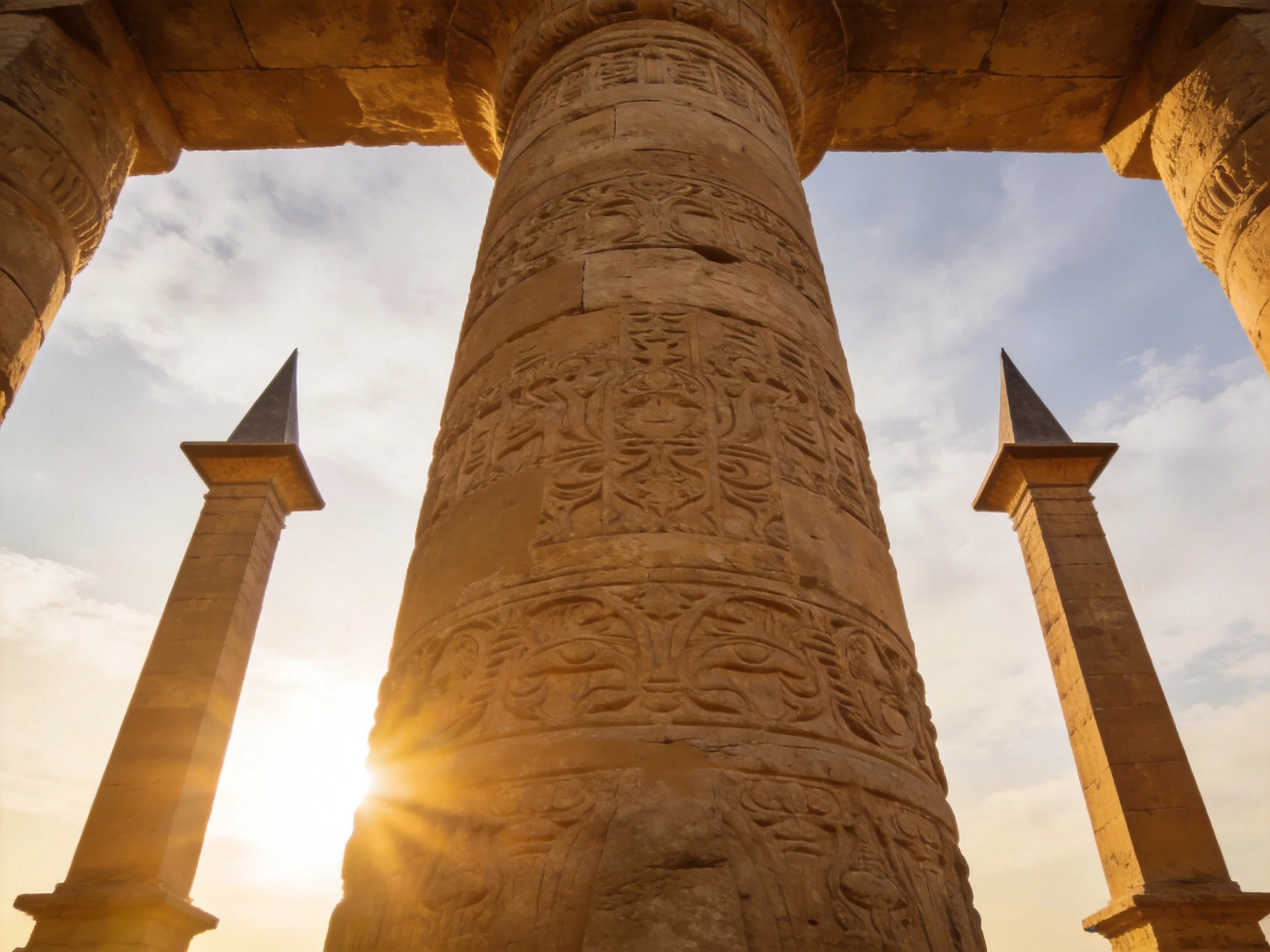 Ancient stone columns with intricate carvings under goldensunlight