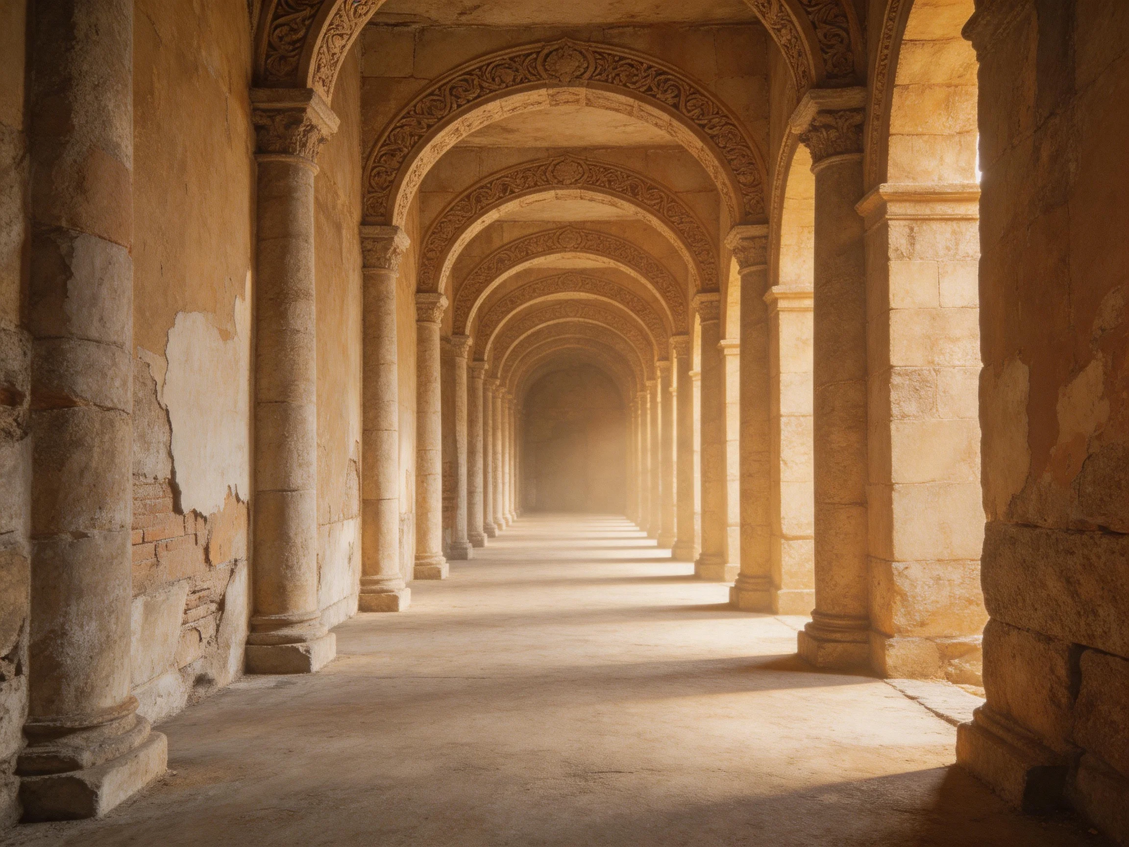 Ancient stone corridor with multiple arched passageways
