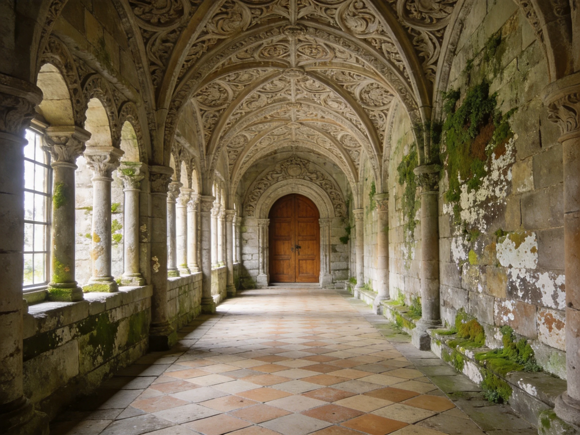 Ancient stone corridor with ornate carved arches and mossy walls