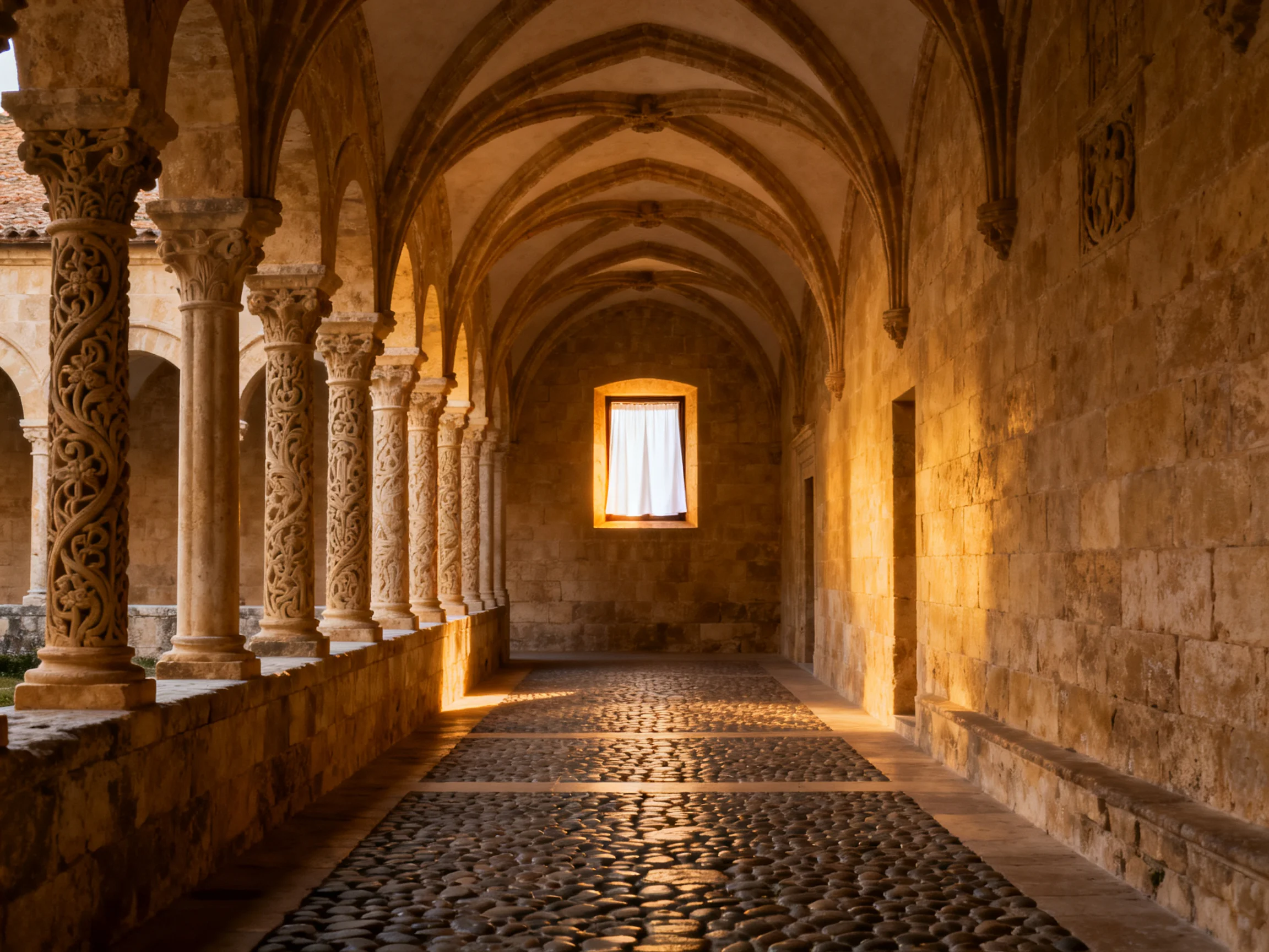 Ancient stone corridor with ornate carved columns and arched ceilings