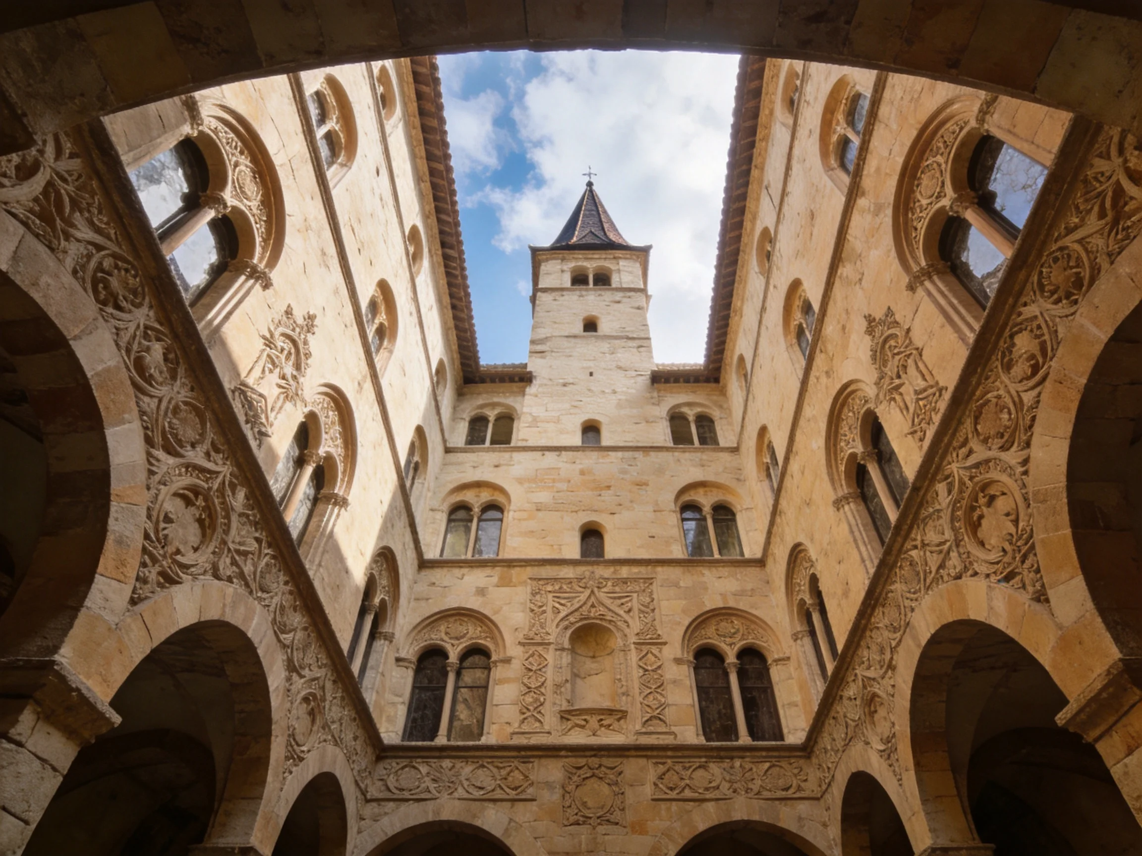 Ancient stone courtyard with ornate arches and central tower