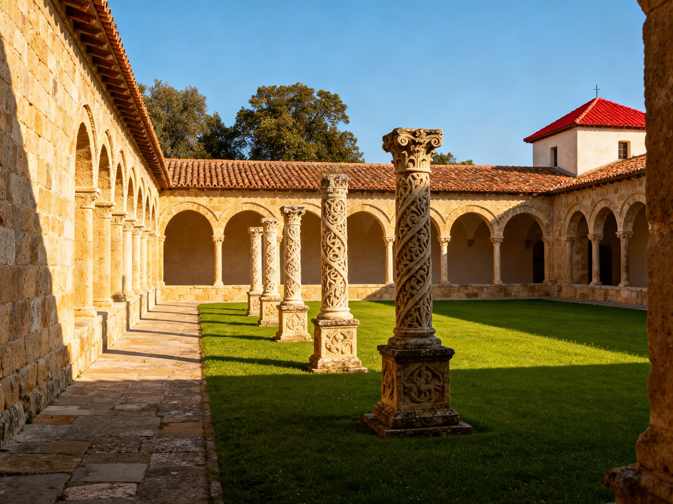 Ancient stone courtyard with ornate columns and red-tiled roof