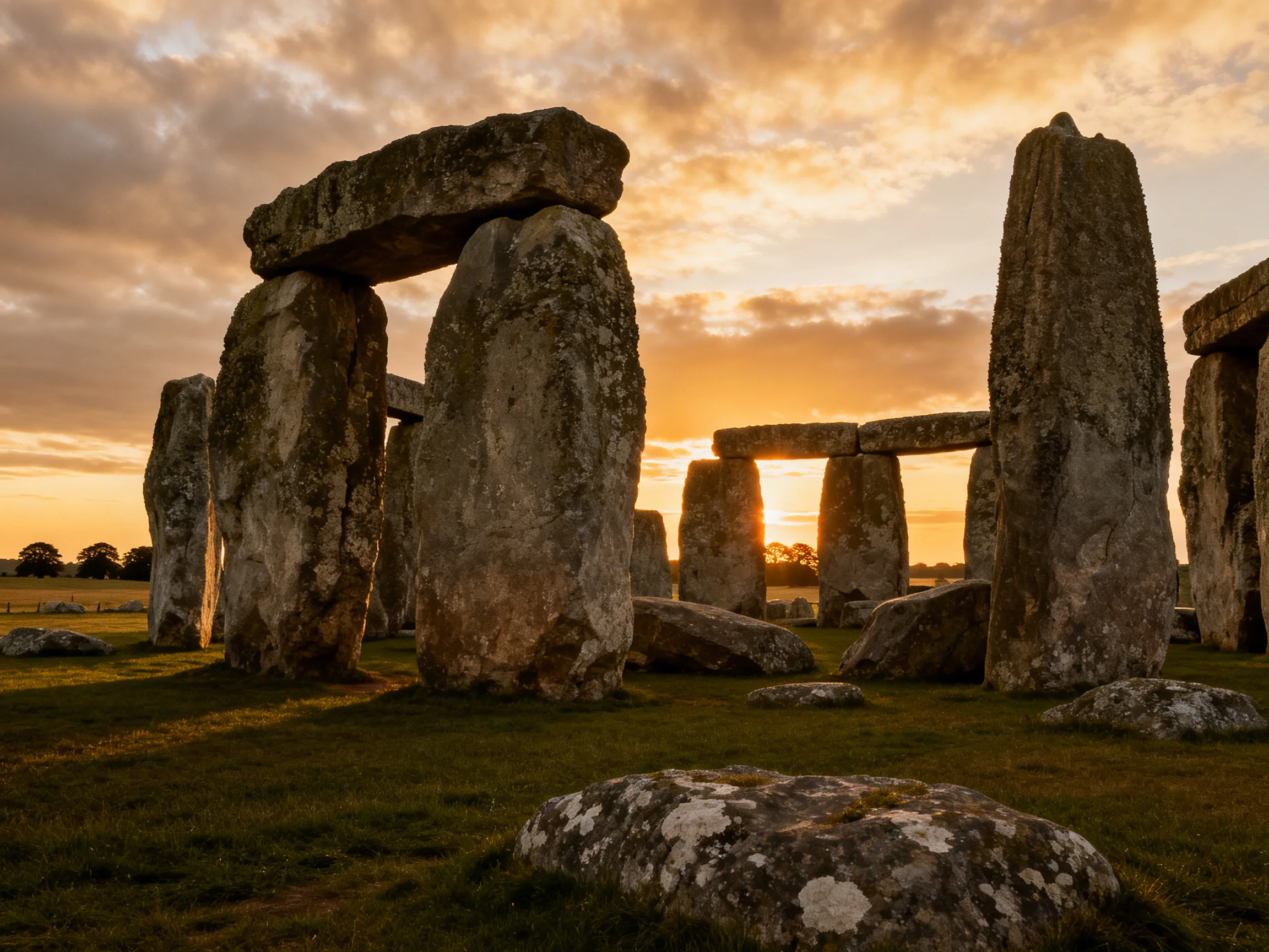 Ancient stone formations glow under golden sunset skies