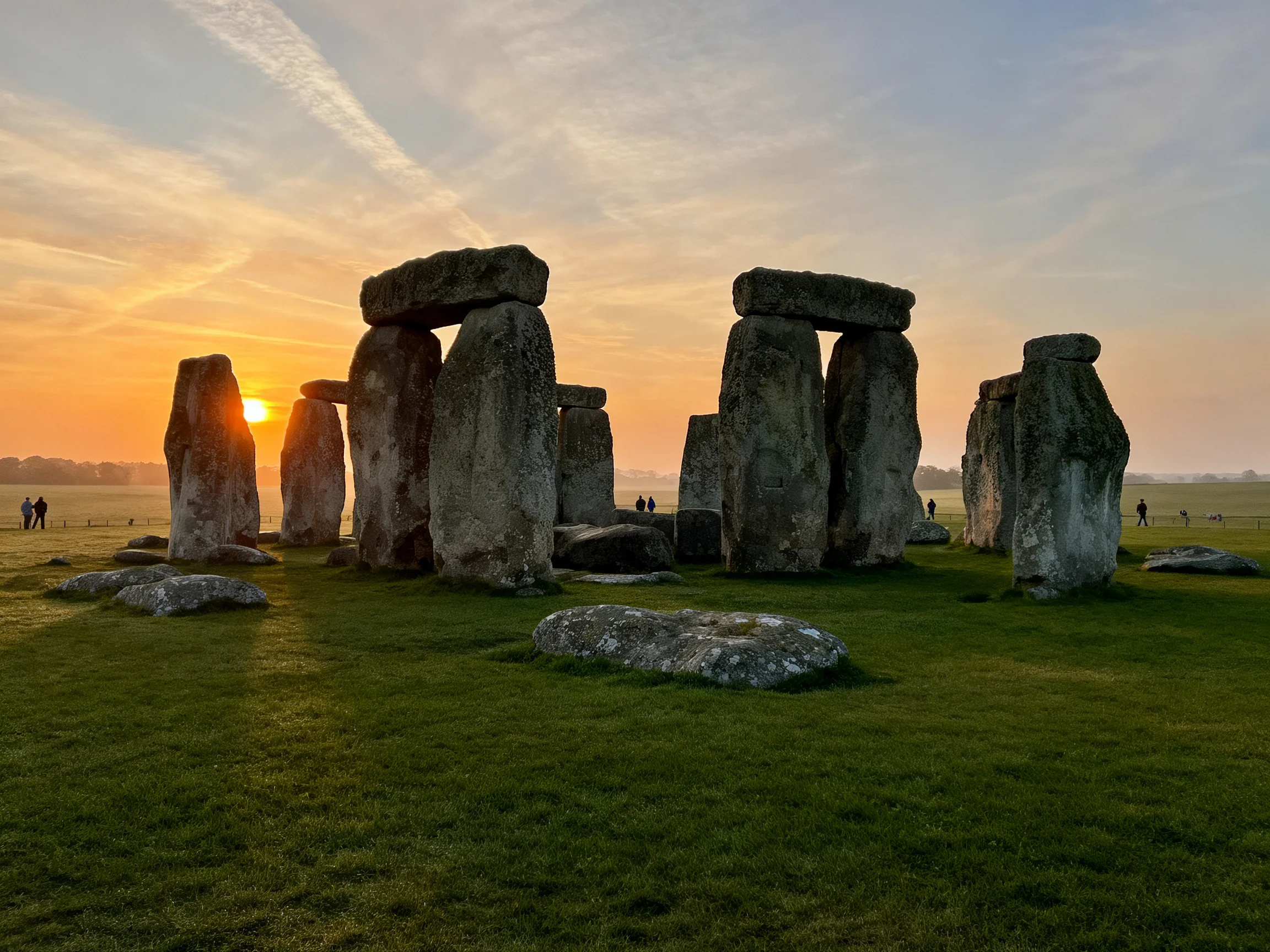 Ancient stone formations illuminated by golden sunset on green meadow