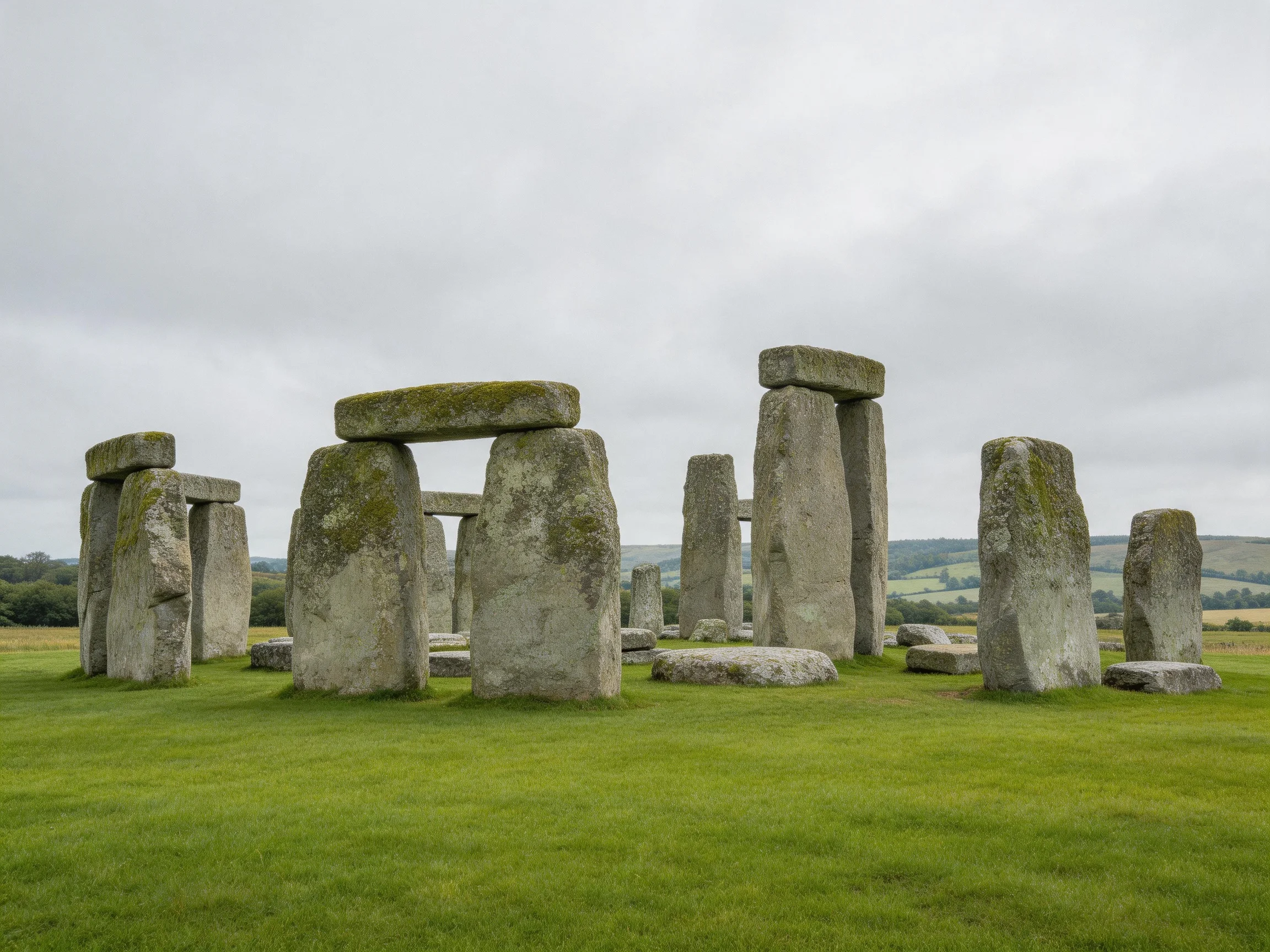 Ancient stone formations with moss on a verdant field