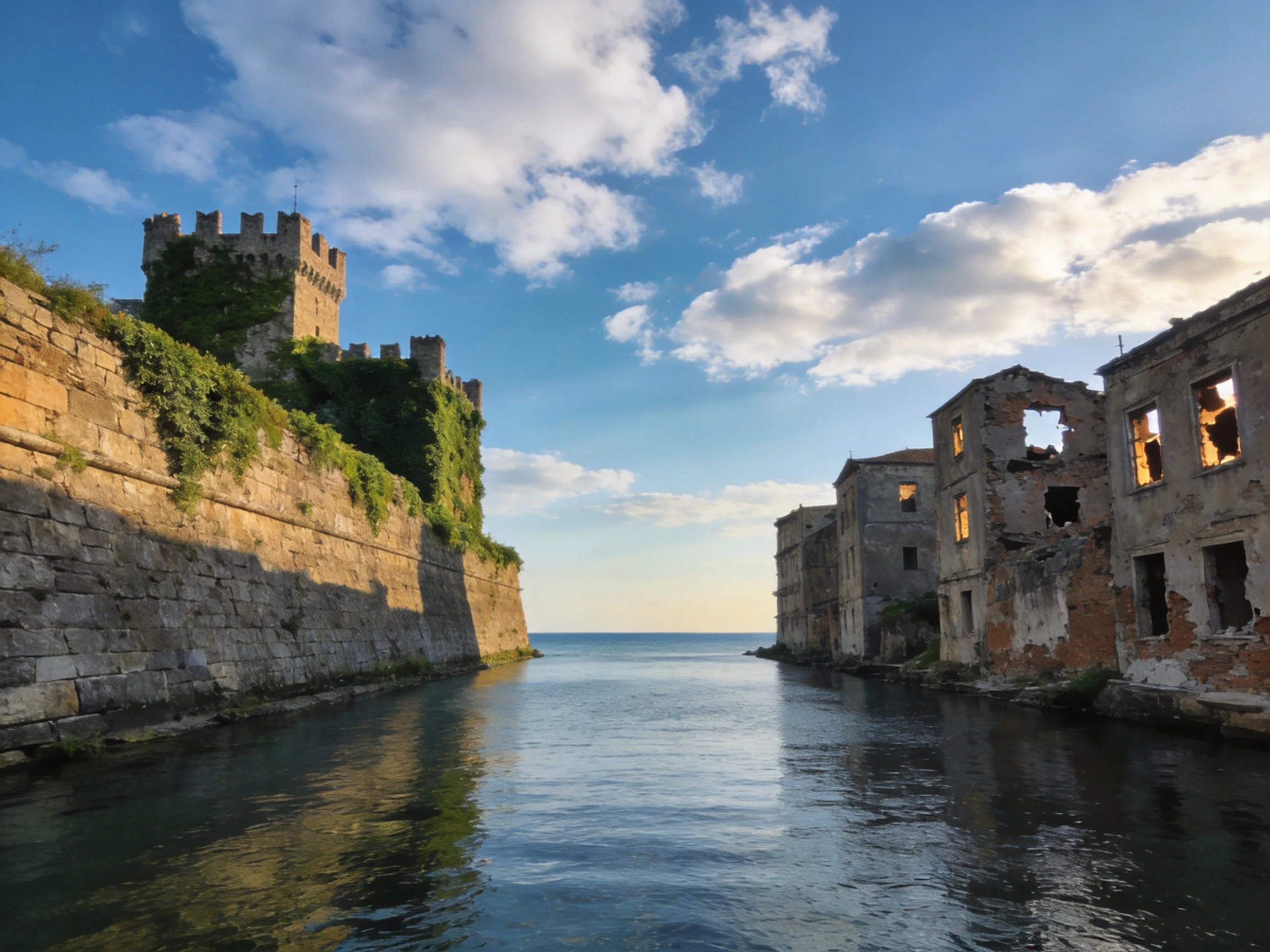Ancient stone fortress beside weathered ruins over calm water