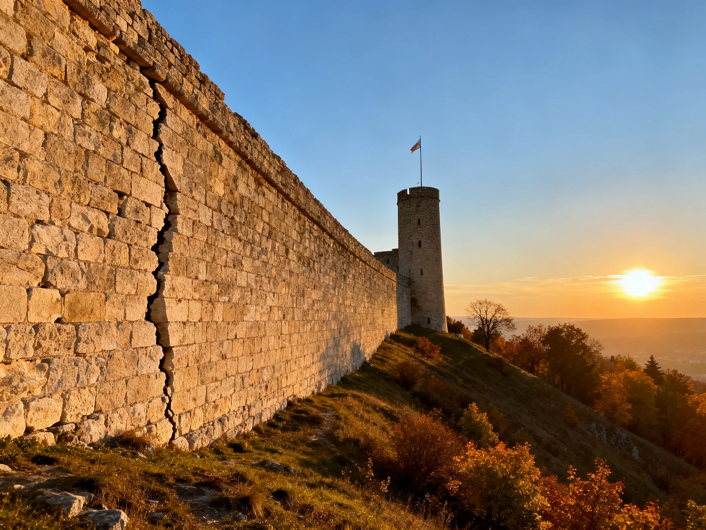 Ancient stone fortress wall with cylindrical tower at sunset