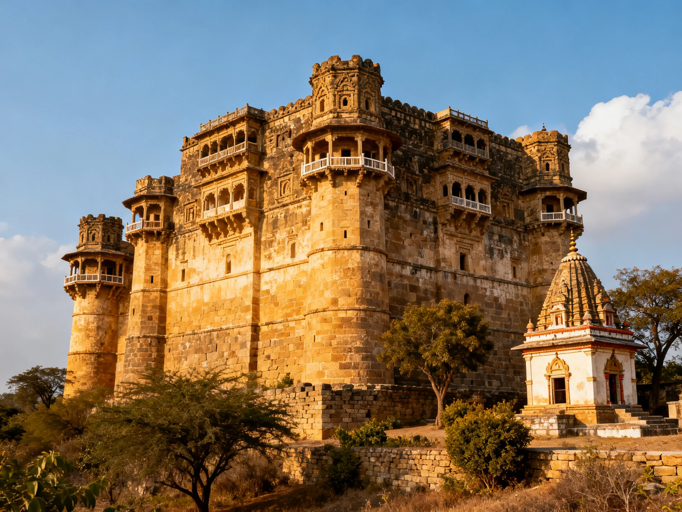 Ancient stone fortress with golden walls and ornate towers near a small temple