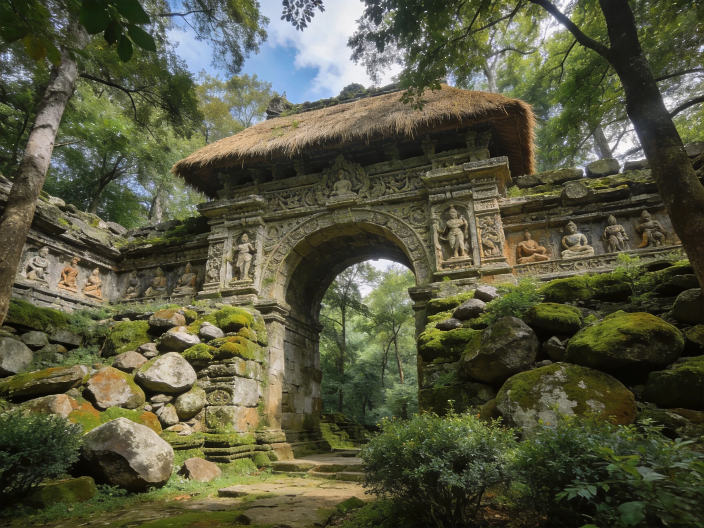 Ancient stone gateway with mossy rocks and thatched roof