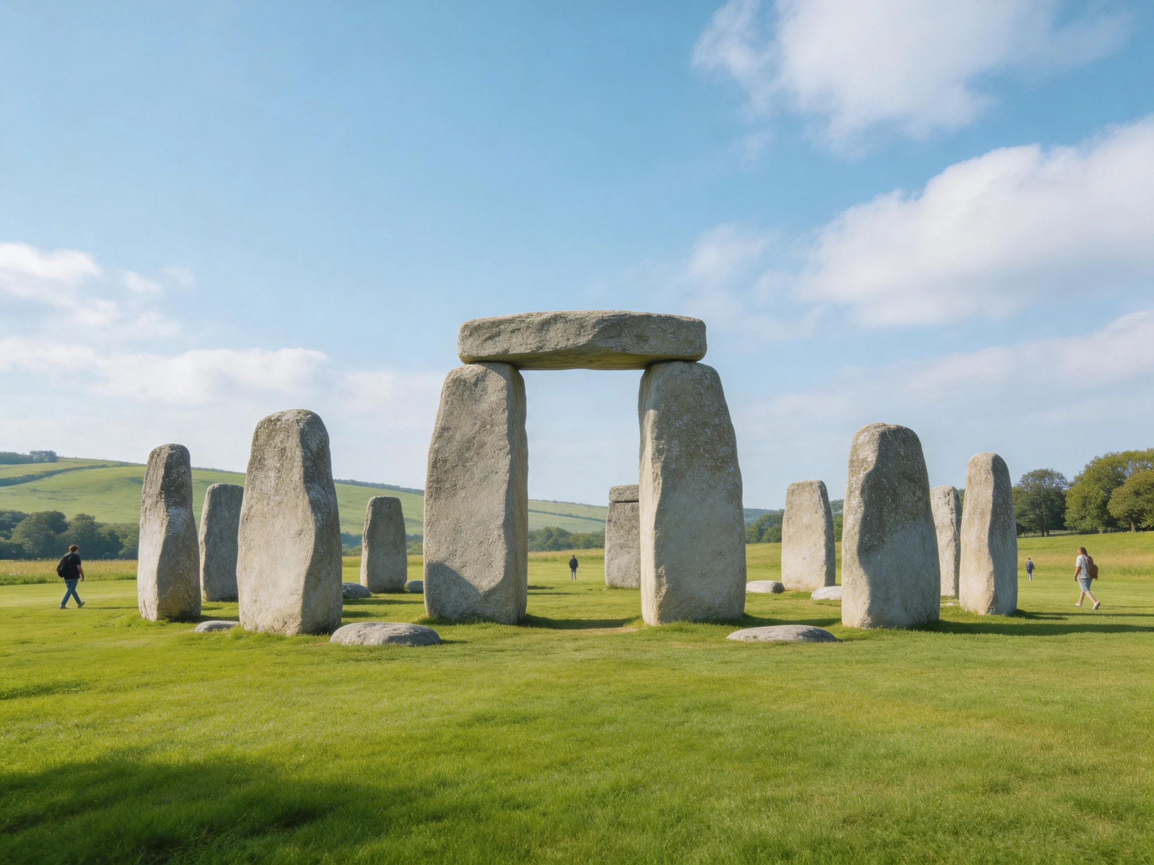 Ancient stone monument amidst lush green fields under bright blue sky
