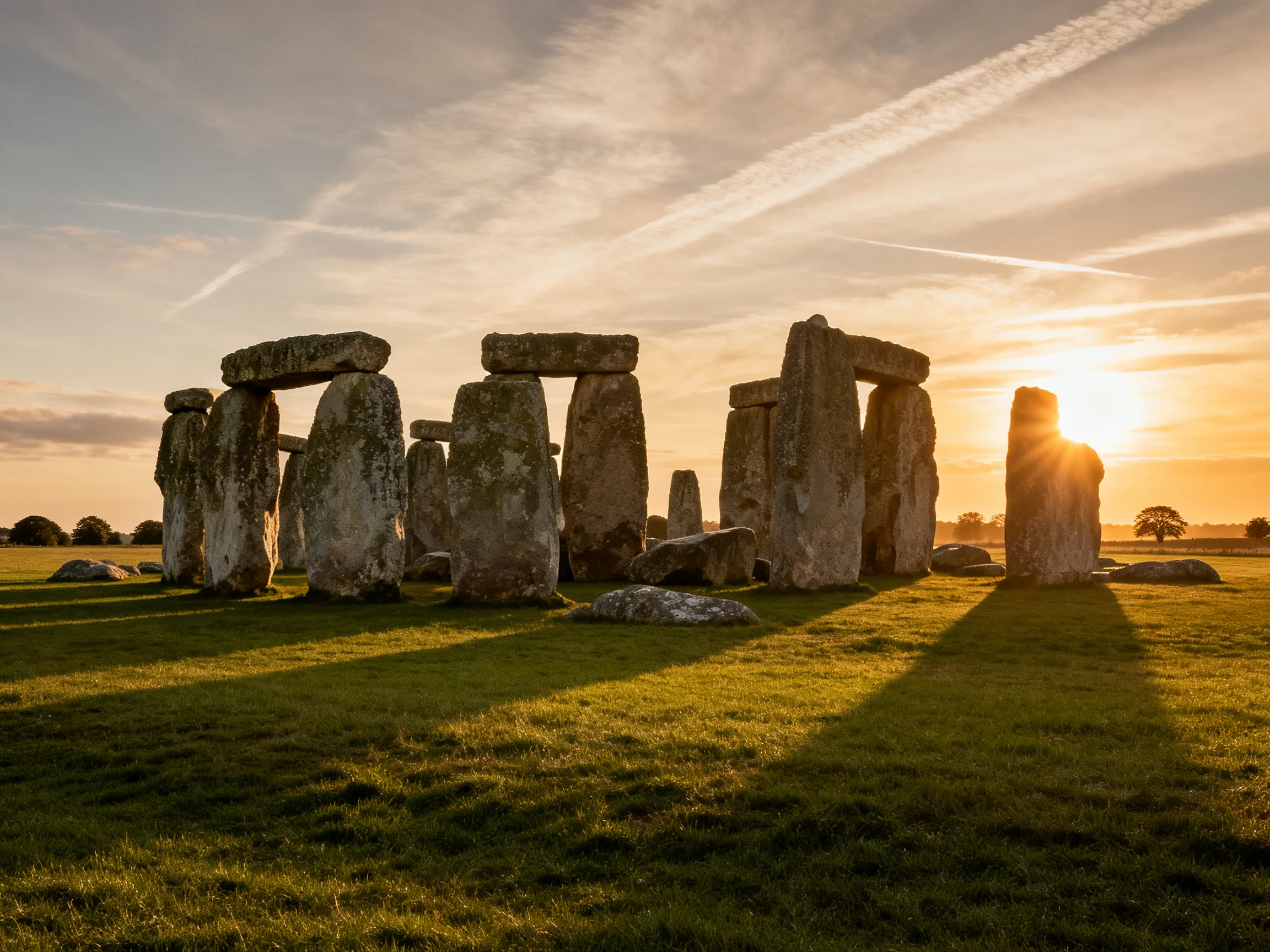 Ancient stone monument at golden sunset illumination
