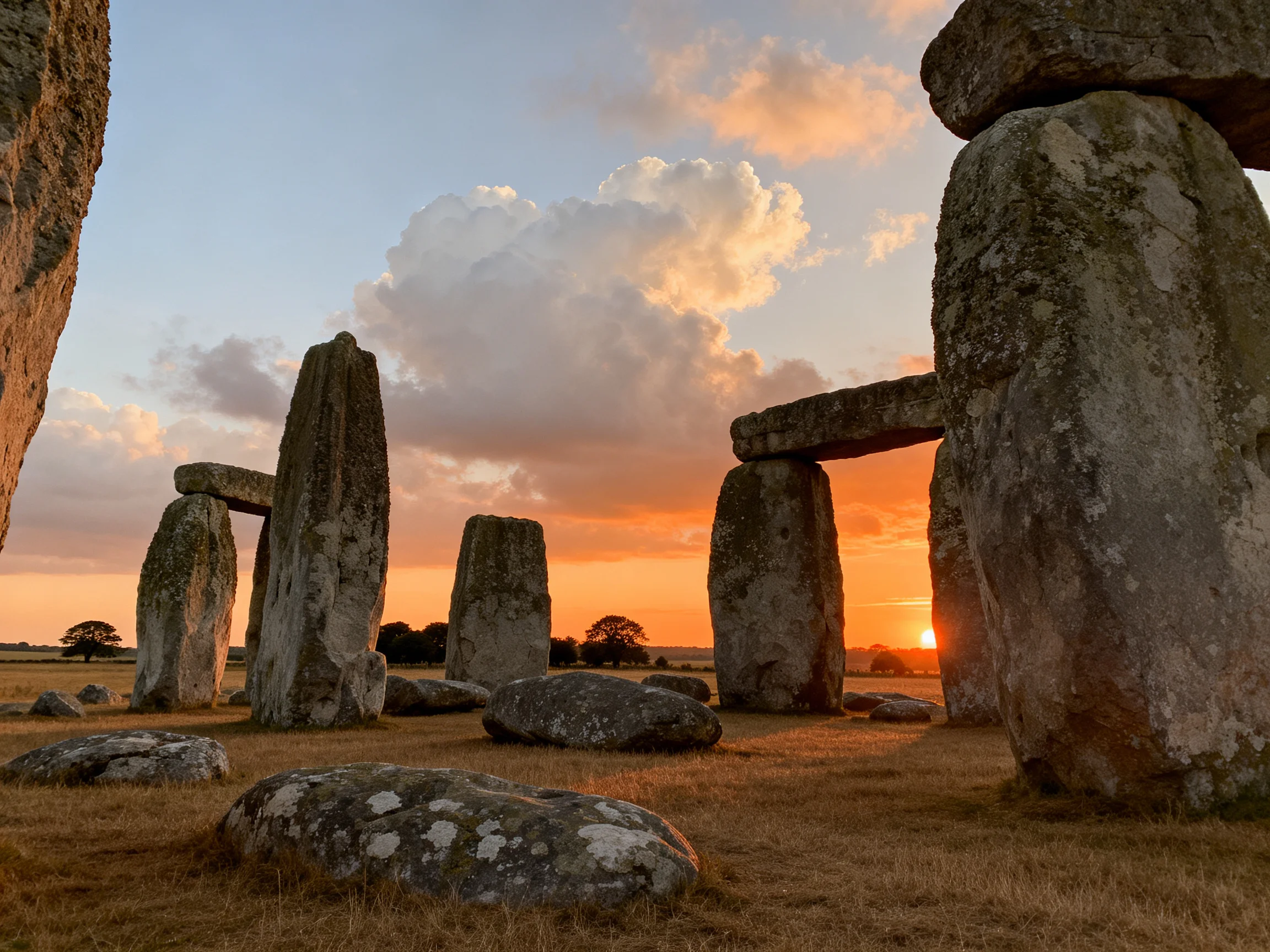 Ancient stone monument at sunset with dramatic cloud-filled sky
