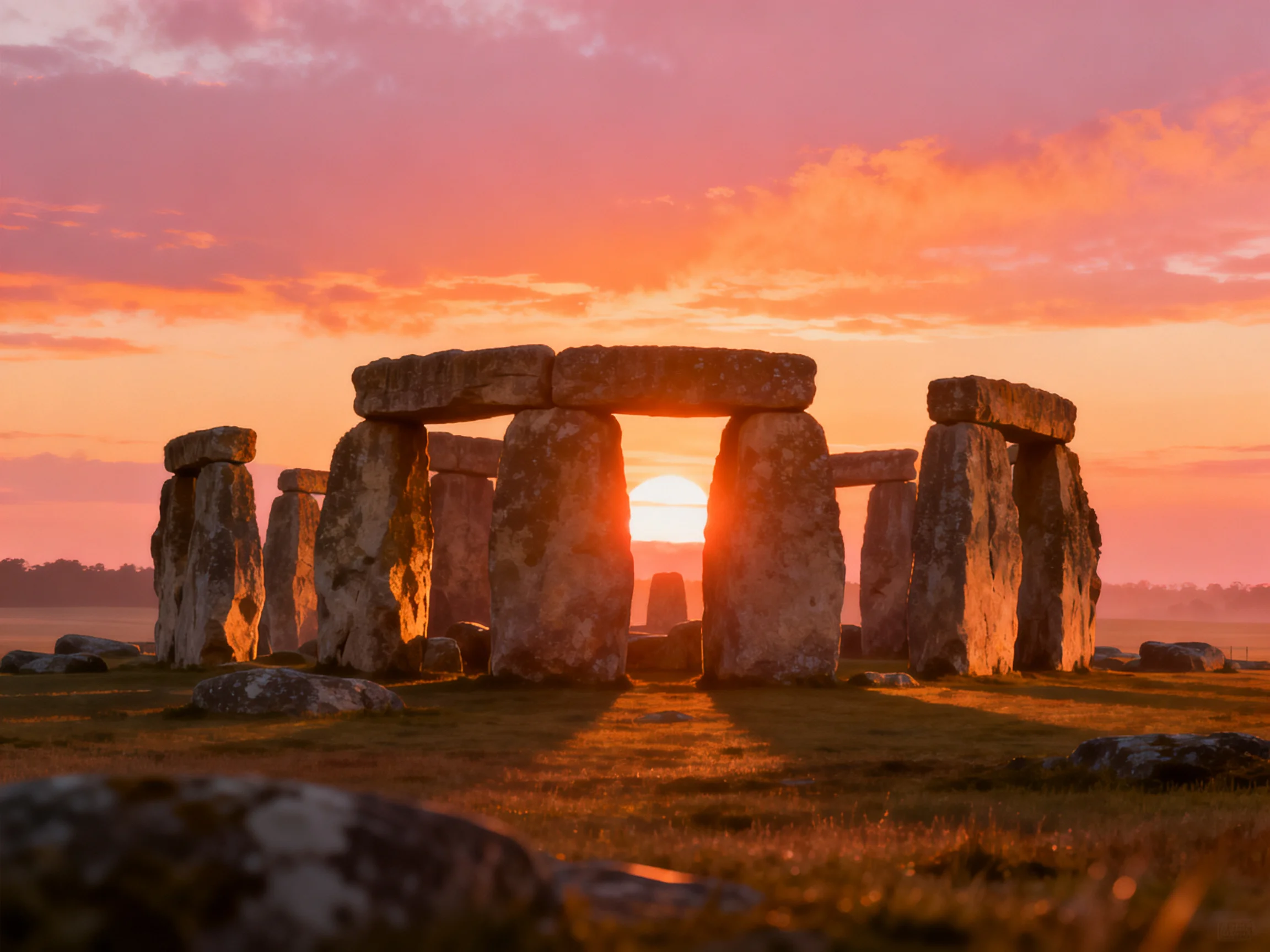 Ancient stone monument illuminated by vibrant sunset hues