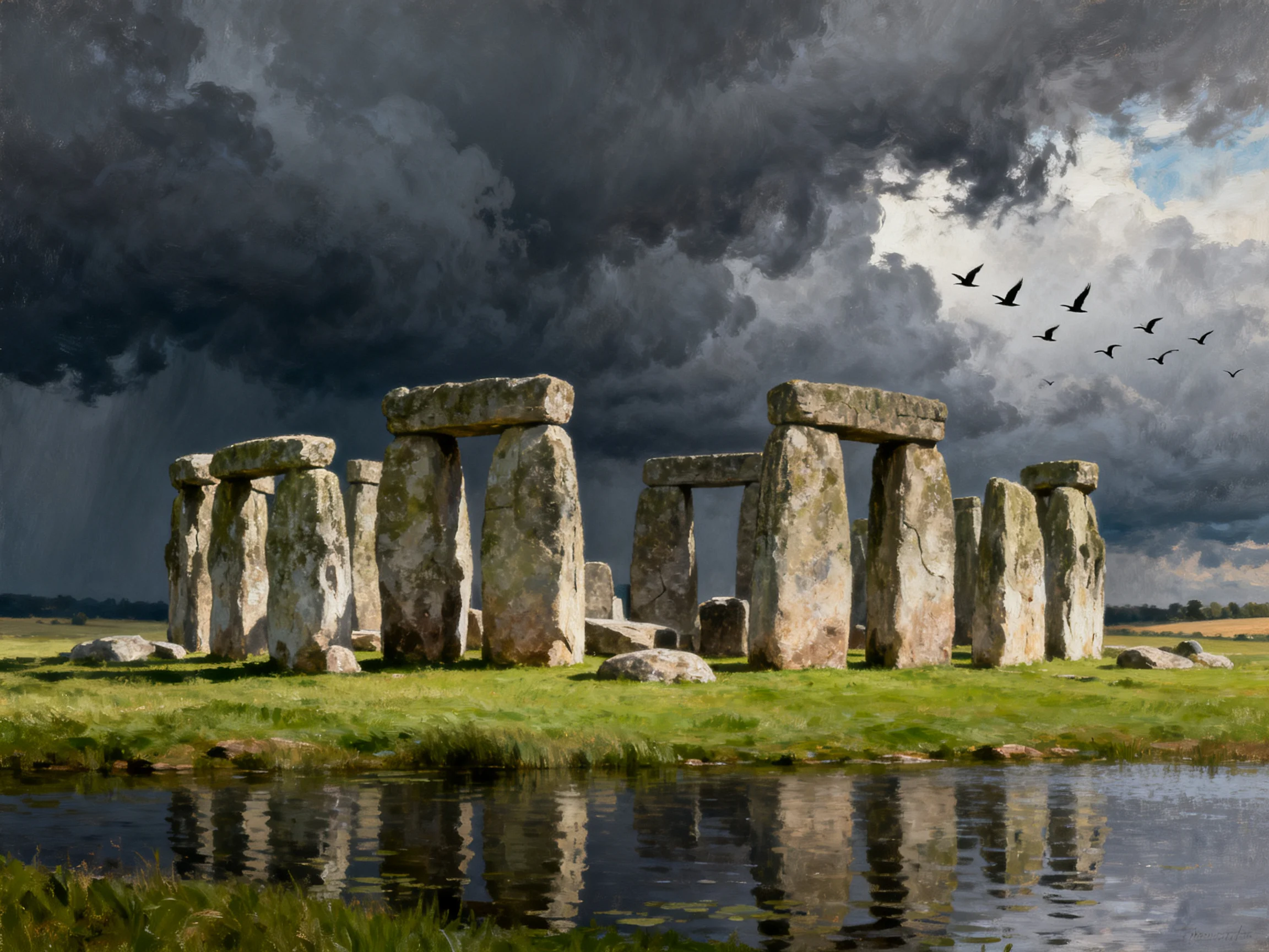 Ancient stone monument under dark stormy skies near reflective water