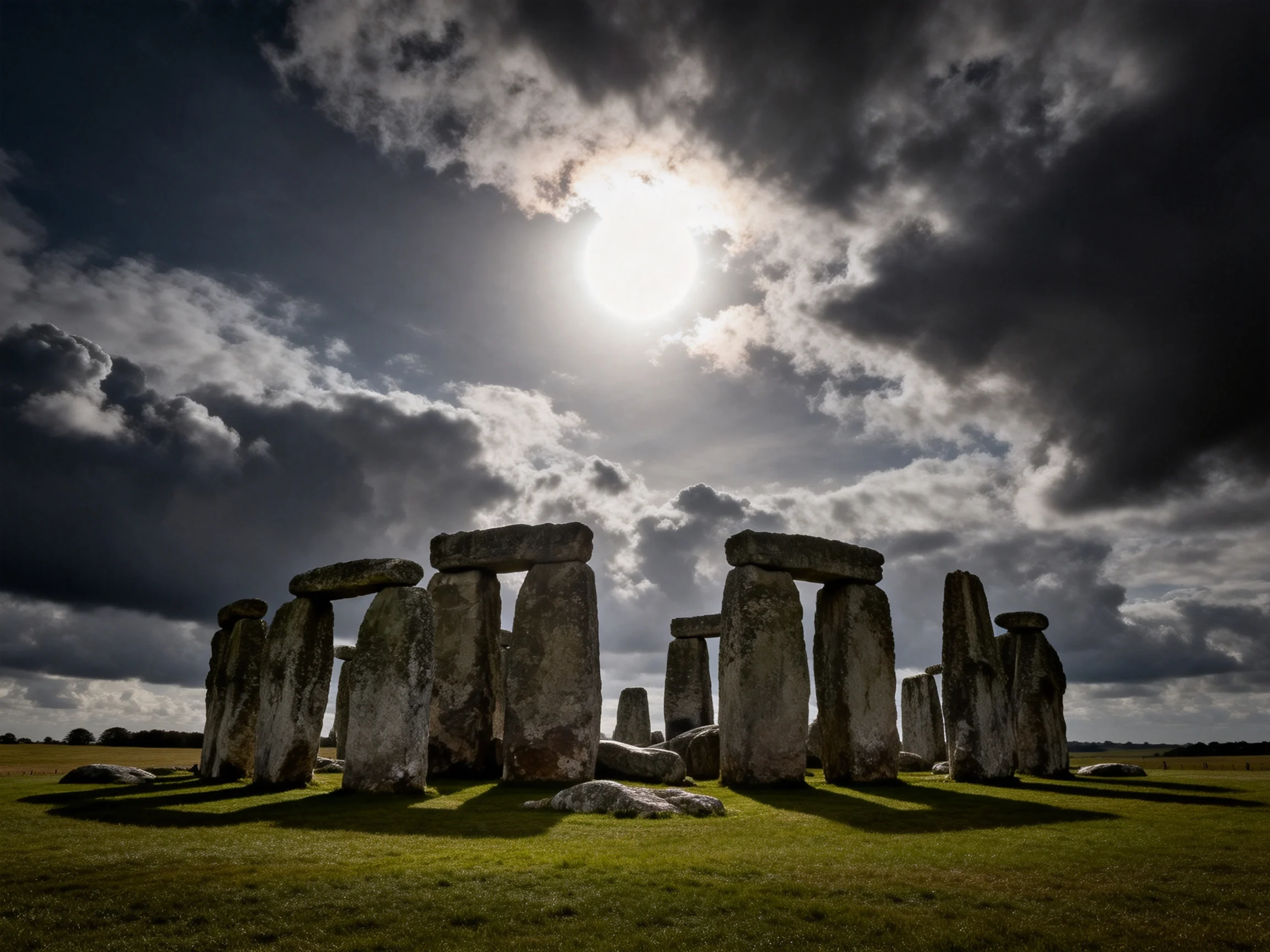Ancient stone monument under dramatic cloudy sky with bright sun