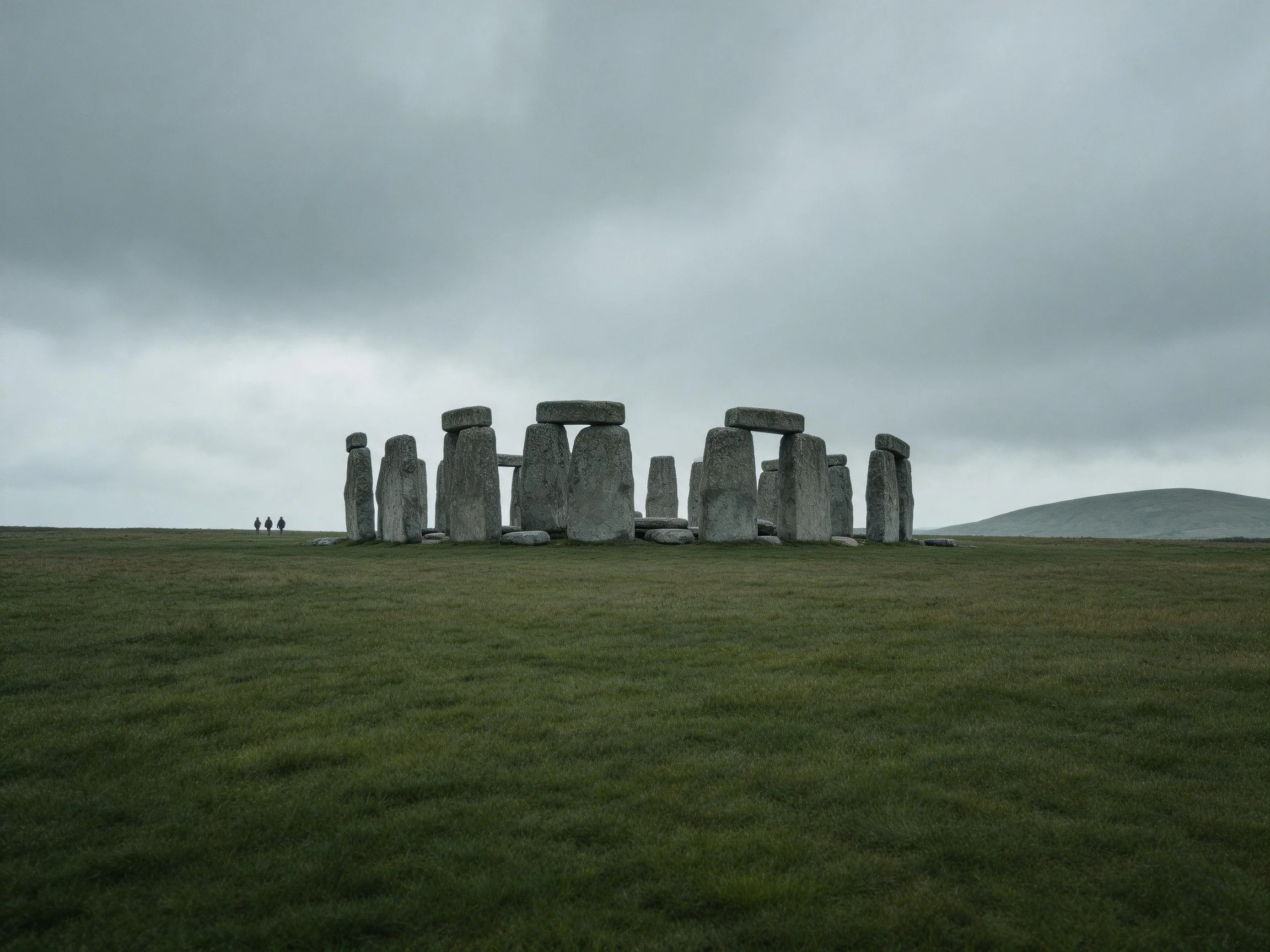 Ancient stone monument under overcast gray skies with green meadow