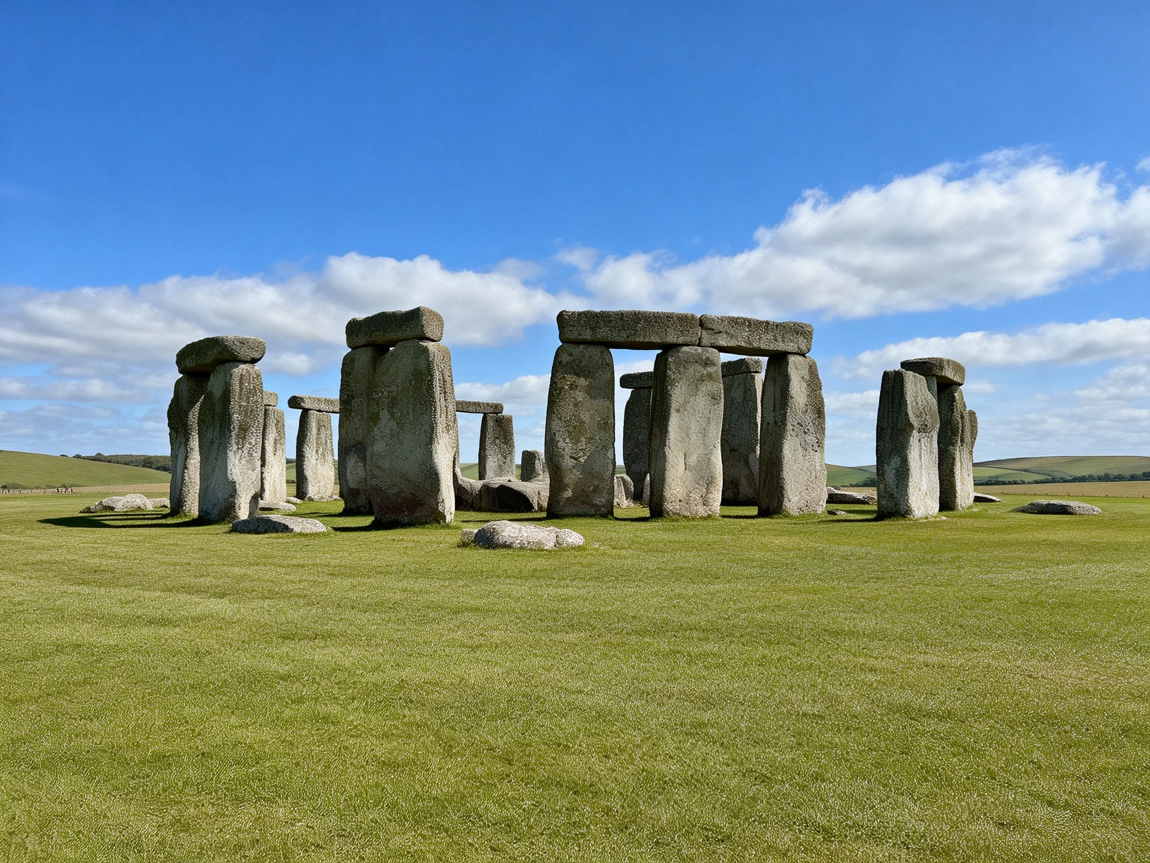 Ancient stone monument with large gray stones on lush green field